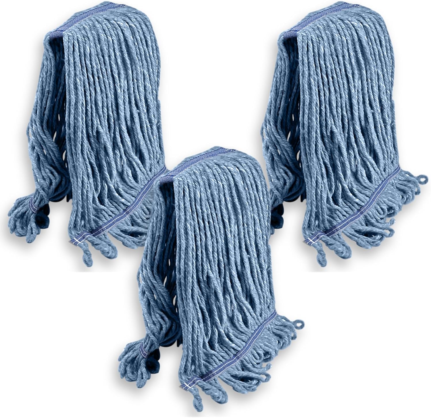 3-Piece Replacement Heavy Duty Commercial Mop Head | Wet Industrial Cotton Loop Endline Cleaning Mop Head Replacement | Blue Mop