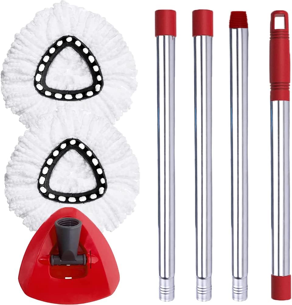 Spinning Mop Head | Base | Handle Replacement for O-Ceda EasyWring Microfiber Spinning Mop | 2 Microfiber Mop Replacement | 1 Triangle Mop Head Cover and 30-58 Inch Mop Handle Set Set Combo (White (1 Tank) System) ))))))