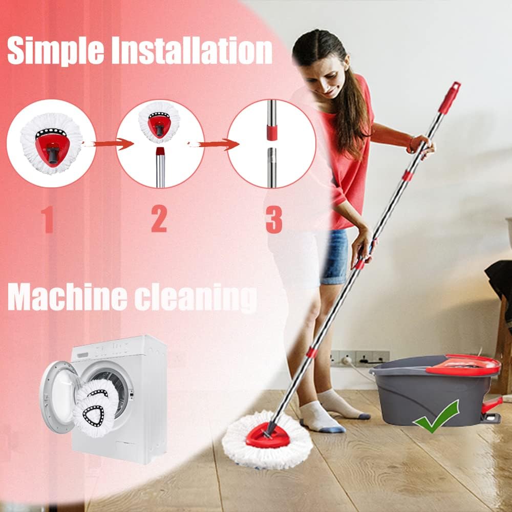 Spinning Mop Head | Base | Handle Replacement for O-Ceda EasyWring Microfiber Spinning Mop | 2 Microfiber Mop Replacement | 1 Triangle Mop Head Cover and 30-58 Inch Mop Handle Set Set Combo (White (1 Tank) System) ))))))