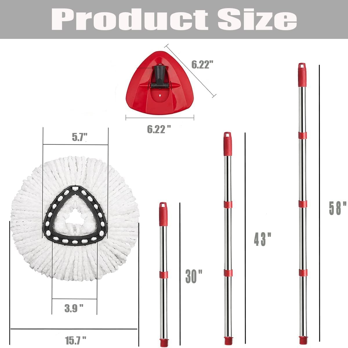 Spinning Mop Head | Base | Handle Replacement for O-Ceda EasyWring Microfiber Spinning Mop | 2 Microfiber Mop Replacement | 1 Triangle Mop Head Cover and 30-58 Inch Mop Handle Set Set Combo (White (1 Tank) System) ))))))