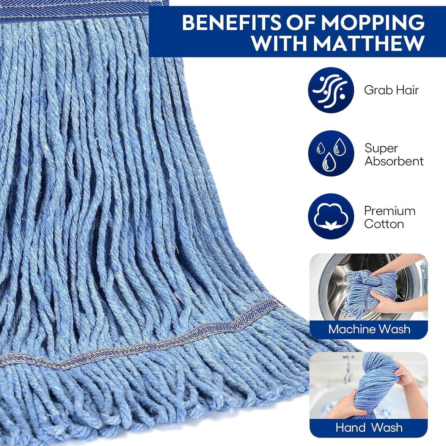Heavy Duty Commercial Replacement Mop Head for General and Floor Cleaning | Wet Industrial Blue Cotton Loop End Cord Replacement (3-Pack) Blue