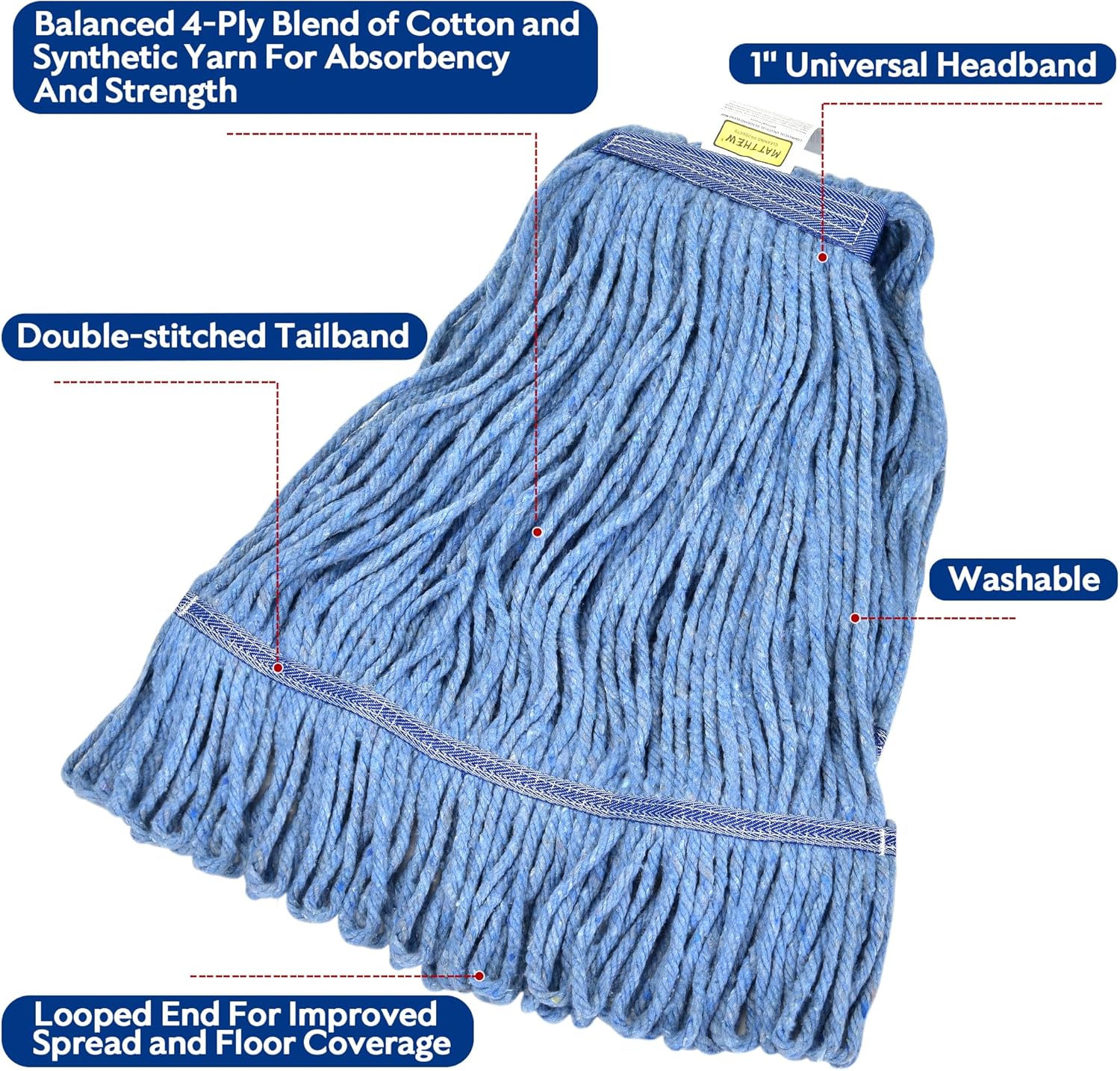 Heavy Duty Commercial Replacement Mop Head for General and Floor Cleaning | Wet Industrial Blue Cotton Loop End Cord Replacement (3-Pack) Blue