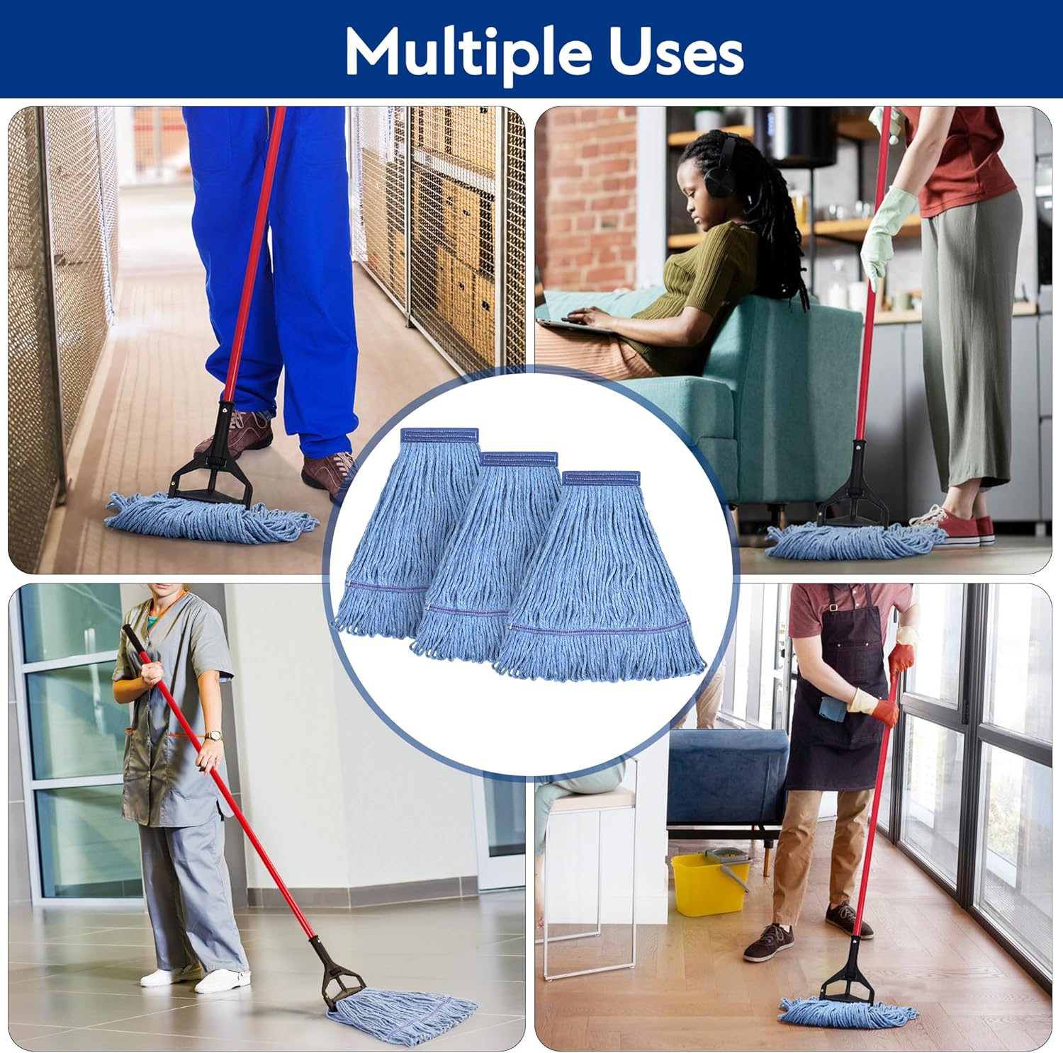 Heavy Duty Commercial Replacement Mop Head for General and Floor Cleaning | Wet Industrial Blue Cotton Loop End Cord Replacement (3-Pack) Blue