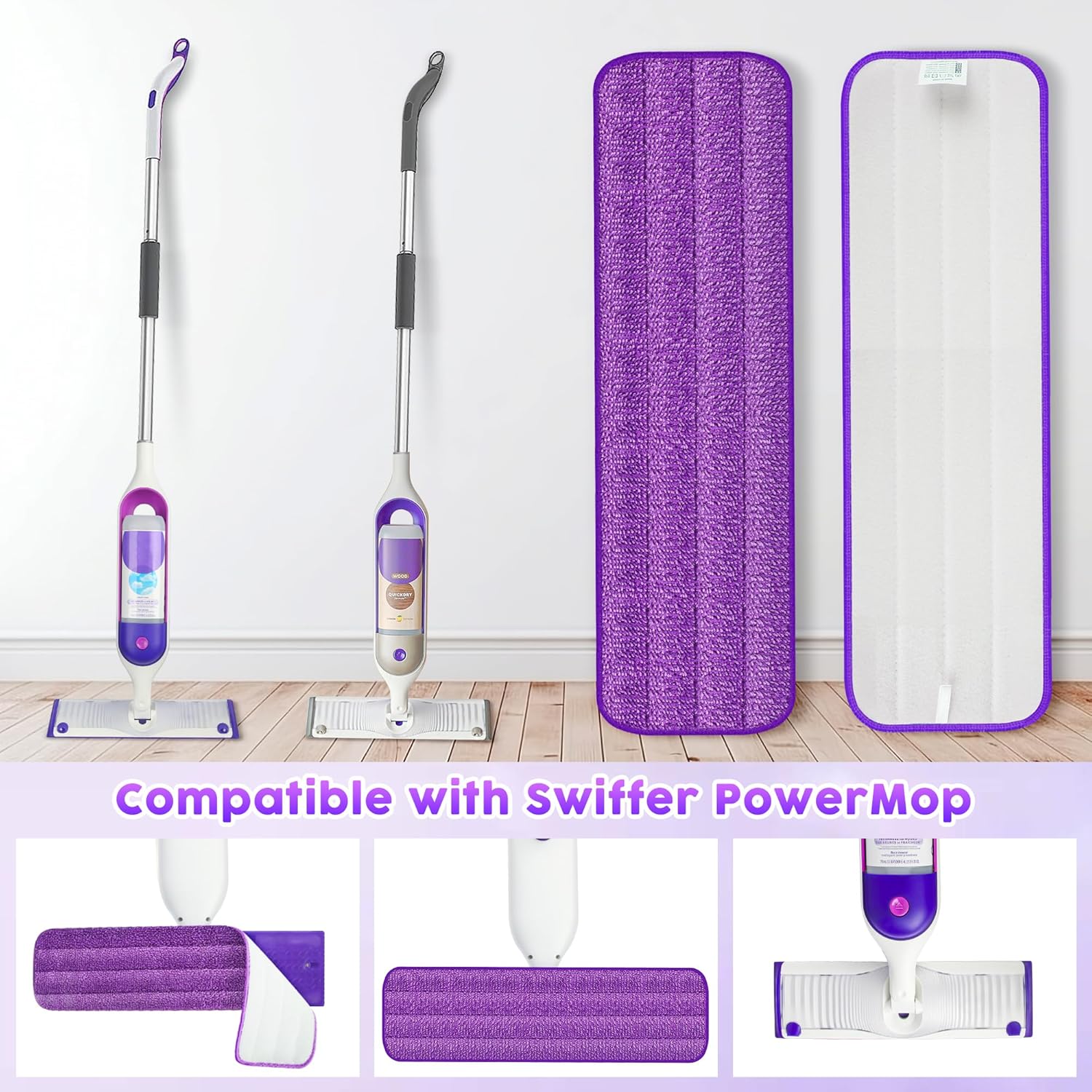 6-Pack Reusable Mop Pads | Compatible with PowerMop Power Mop Power Mop Refill Pad Wet Pad Refill Mop Pad Replacement Machine Washable Thickened Microfiber Mop Pad for Hardwood Floors