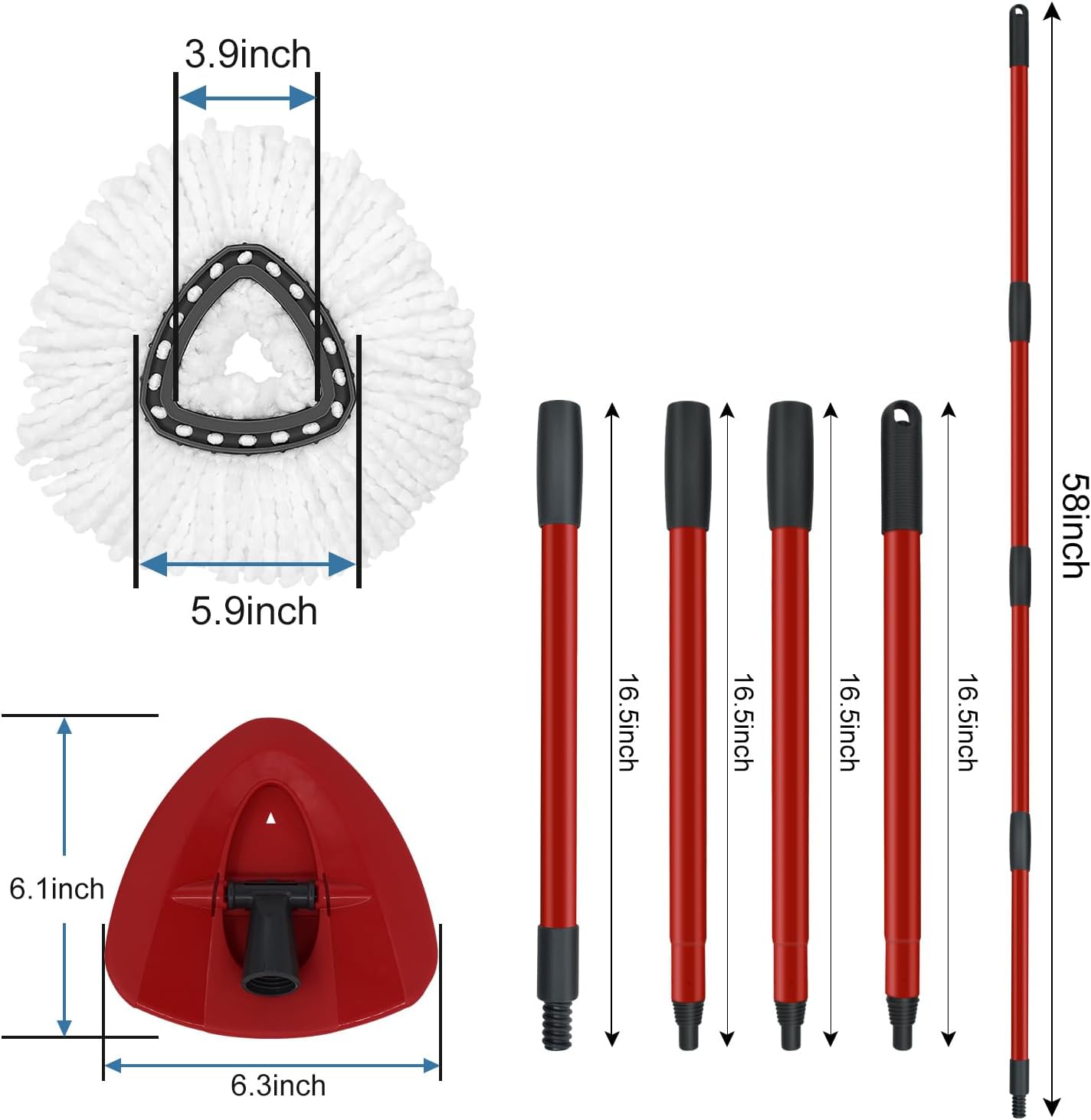 Mop Replacement Head Mop Handle and Mop Base Replacement for O Ceda EasyWring 1 Canister Spin Mop System | 2 Replacement Microfiber Mop Heads | 4 Sections of Iron Mop Handle 30-58 inches (Approx. 76.2-147.3 cm) and 1 Mop Head Cover Set (no ucket) )