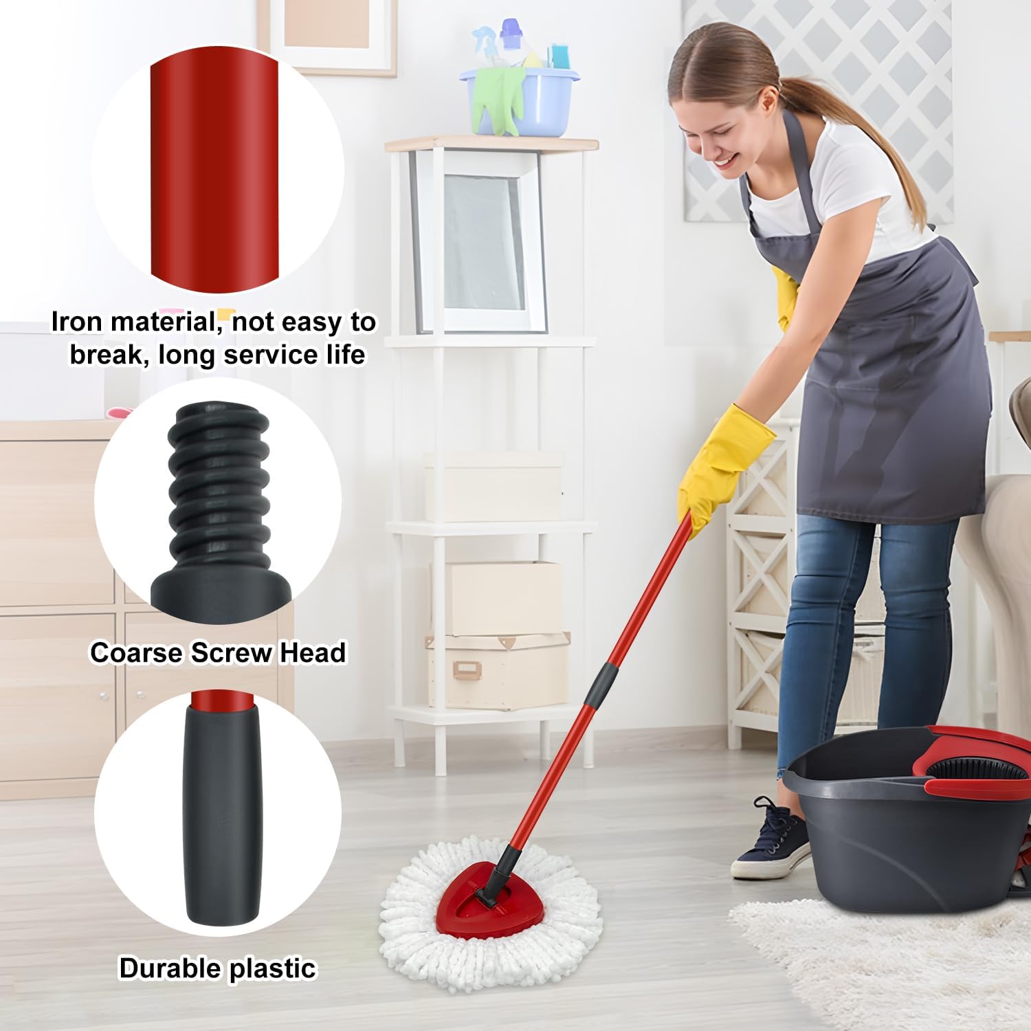 Mop Replacement Head Mop Handle and Mop Base Replacement for O Ceda EasyWring 1 Canister Spin Mop System | 2 Replacement Microfiber Mop Heads | 4 Sections of Iron Mop Handle 30-58 inches (Approx. 76.2-147.3 cm) and 1 Mop Head Cover Set (no ucket) )