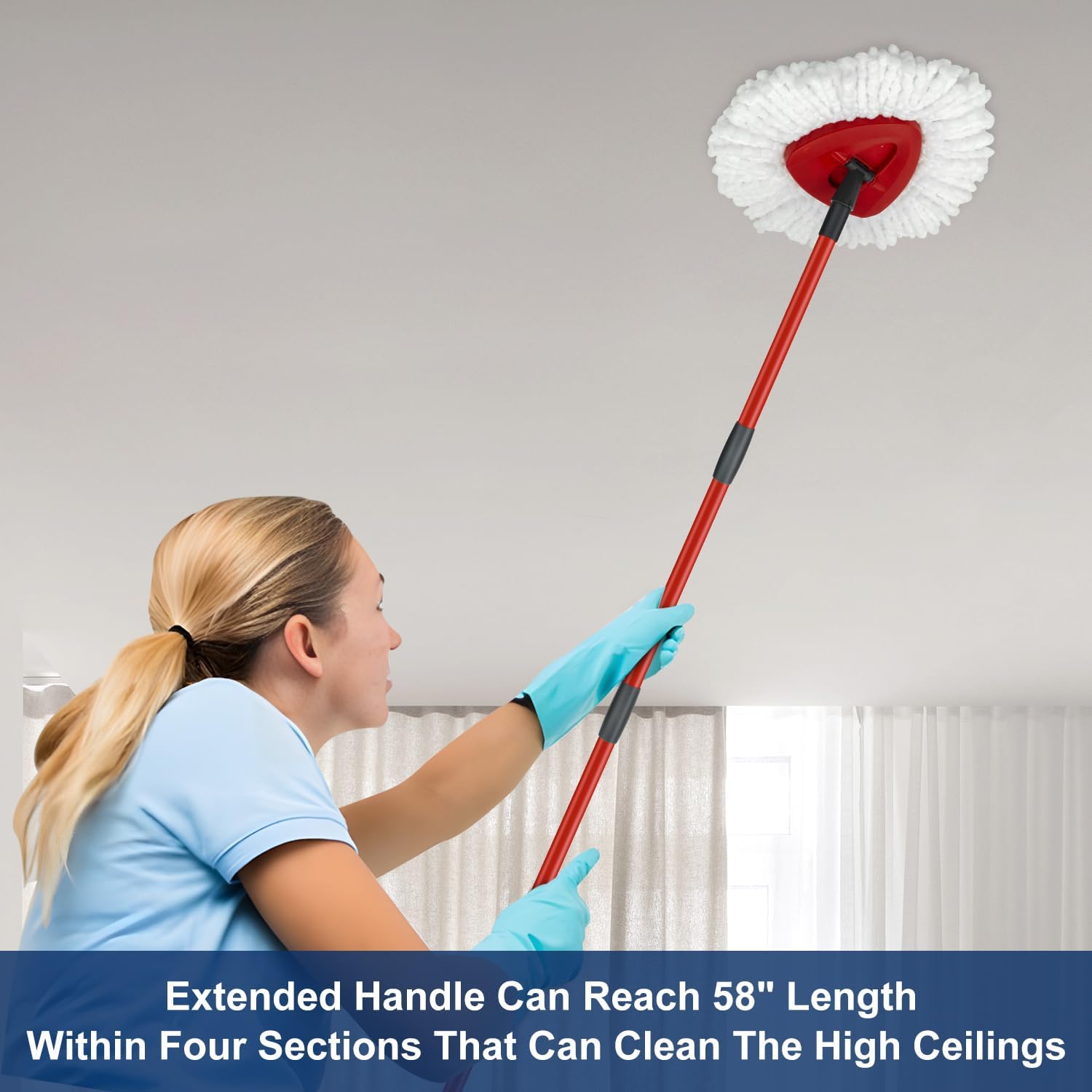 Mop Replacement Head Mop Handle and Mop Base Replacement for O Ceda EasyWring 1 Canister Spin Mop System | 2 Replacement Microfiber Mop Heads | 4 Sections of Iron Mop Handle 30-58 inches (Approx. 76.2-147.3 cm) and 1 Mop Head Cover Set (no ucket) )