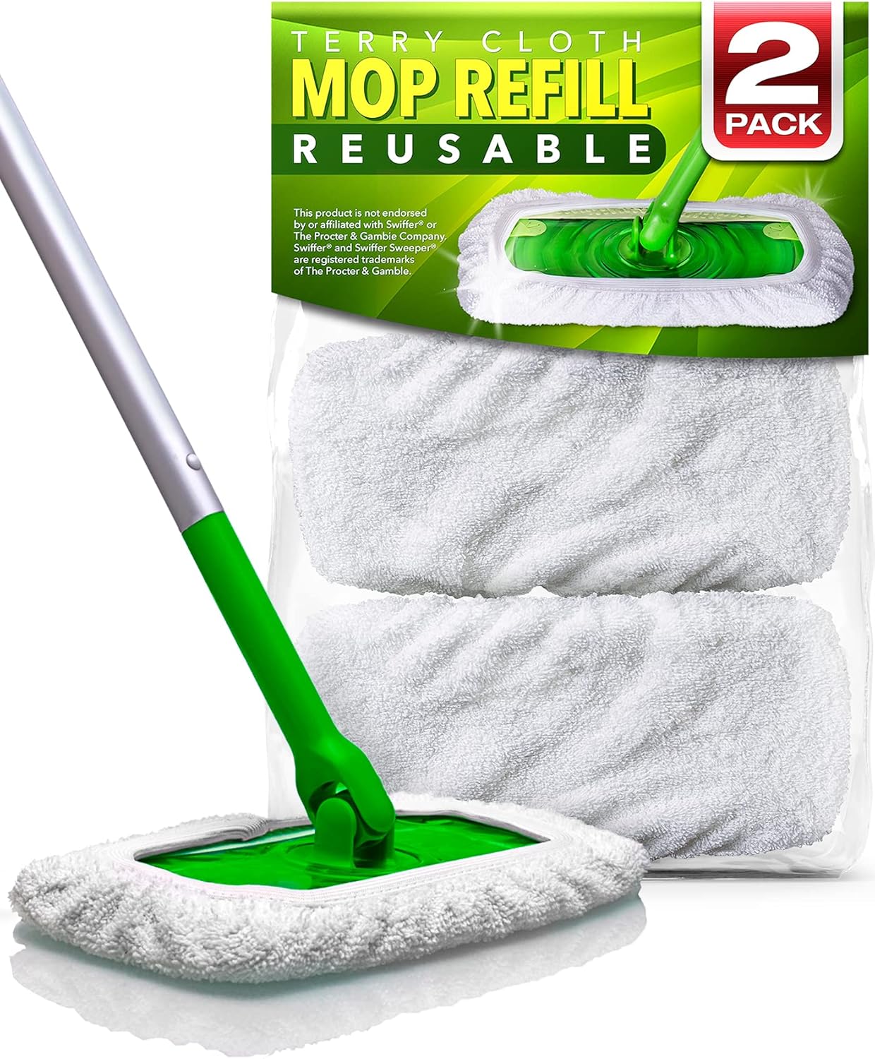 Reusable 100% Cotton Mop Pads Compatible with Sweeper (2-Pack) | Terry Cloth Mop Cover Washable for Wet Mopping and Floor Cleaning (Handle Not Included)