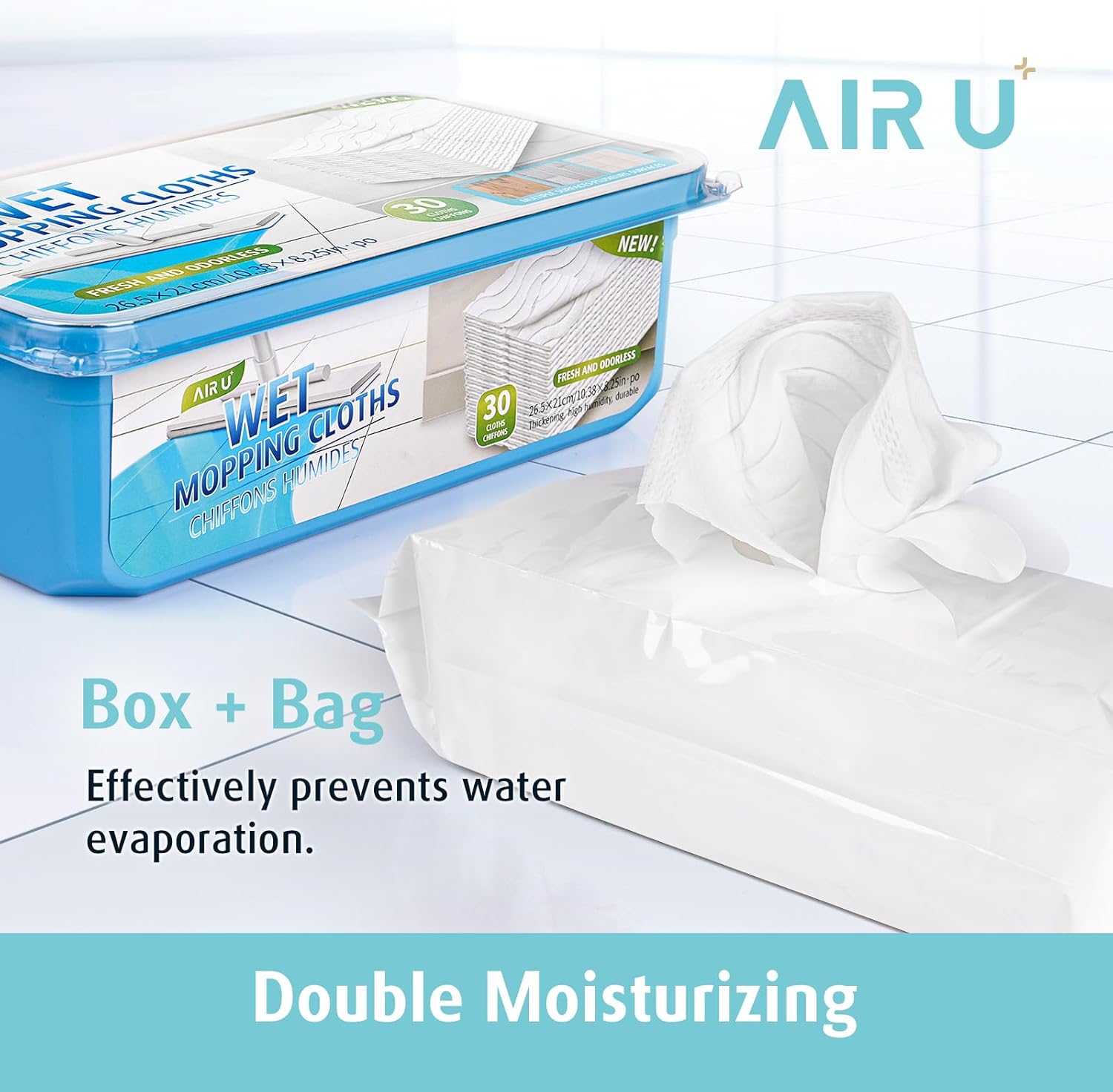 AIR U+ Replacement Wet Pads for Sweeper Wet Mop | Fragrance-Free Disposable Floor Cleaning Wipes | 30 Pieces