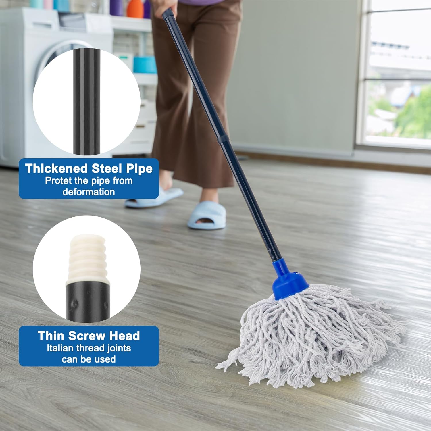 Mop for Floor Cleaning | 2 Piece Cotton Cord Wet Mop Replacement Head Replacement Kit Compatible with Microfiber Cloth Mop and 0.89 Inch Diameter Mop Handle (1 Handle and 2 Mop Heads)