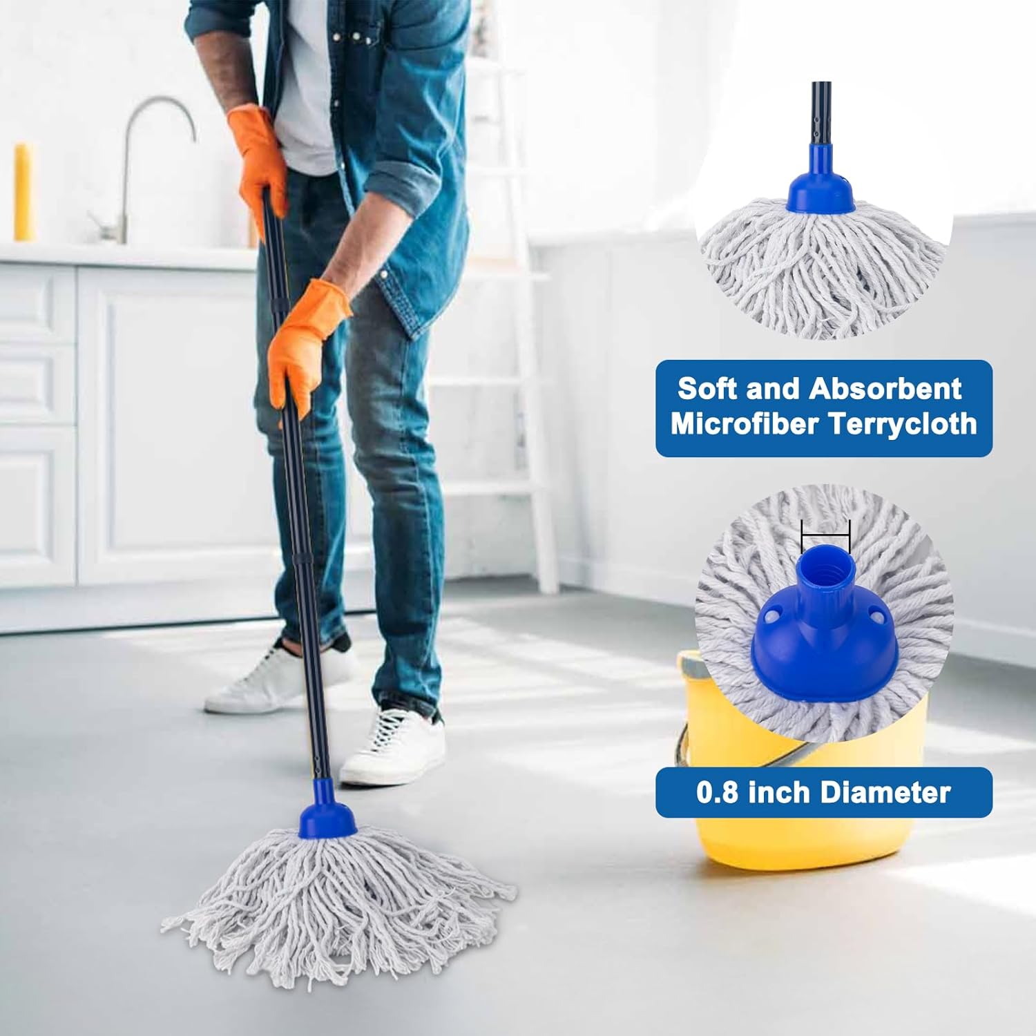 Mop for Floor Cleaning | 2 Piece Cotton Cord Wet Mop Replacement Head Replacement Kit Compatible with Microfiber Cloth Mop and 0.89 Inch Diameter Mop Handle (1 Handle and 2 Mop Heads)