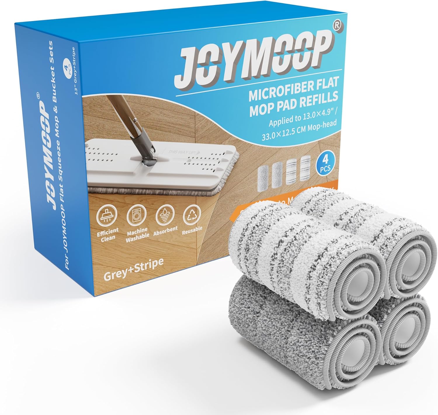 Flat Mop Pad | Microfiber Mop Cleaning Pad | Washable Pad | Replacement Pad for JOYMOOP Flat Mop or Mop Bucket Set | 4-Piece Replacement Set 13 Inch - Gray and Striped