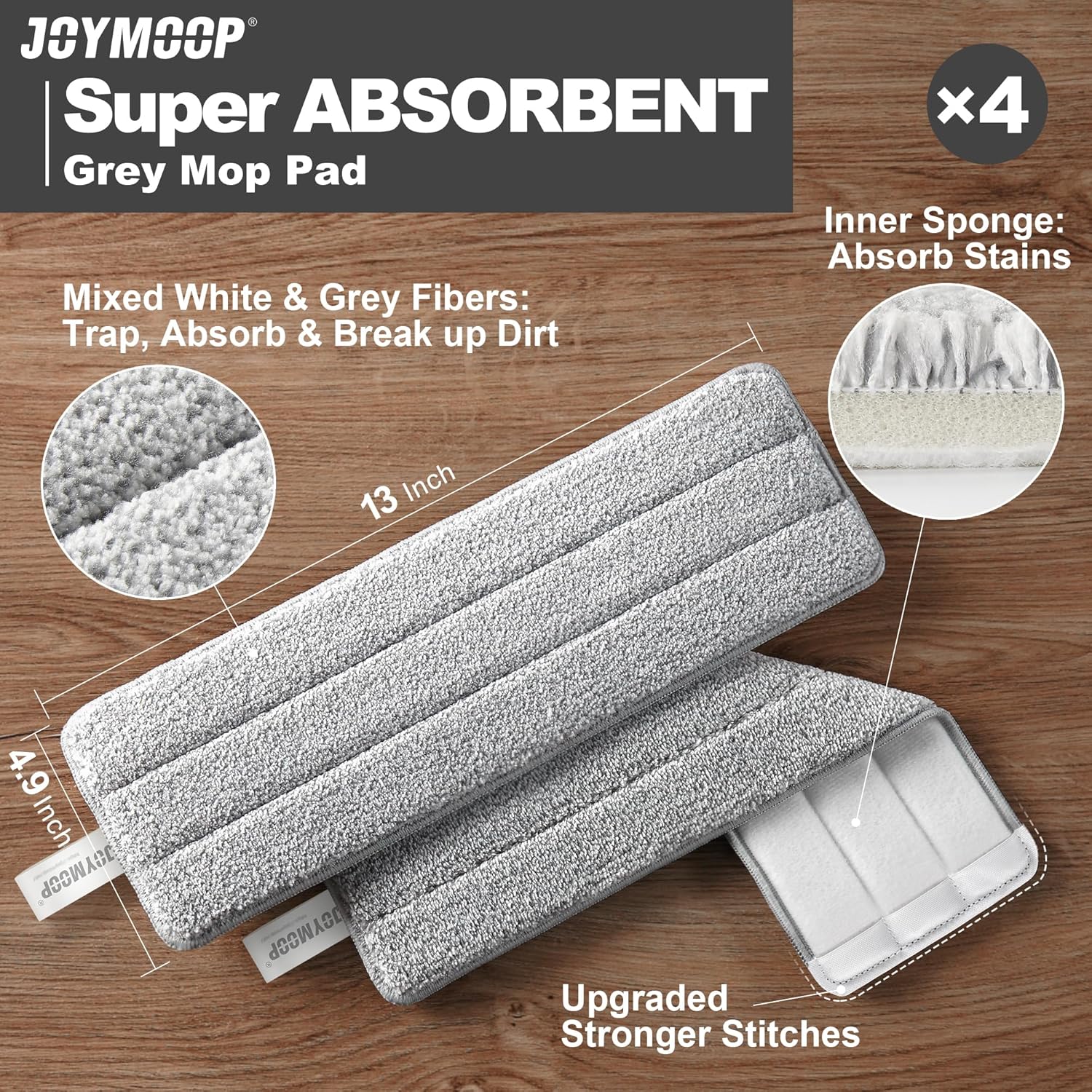 Flat Mop Pad | Microfiber Mop Cleaning Pad | Washable Pad | Replacement Pad for JOYMOOP Flat Mop or Mop Bucket Set | 4-Piece Replacement Set 13 Inch - Gray and Striped
