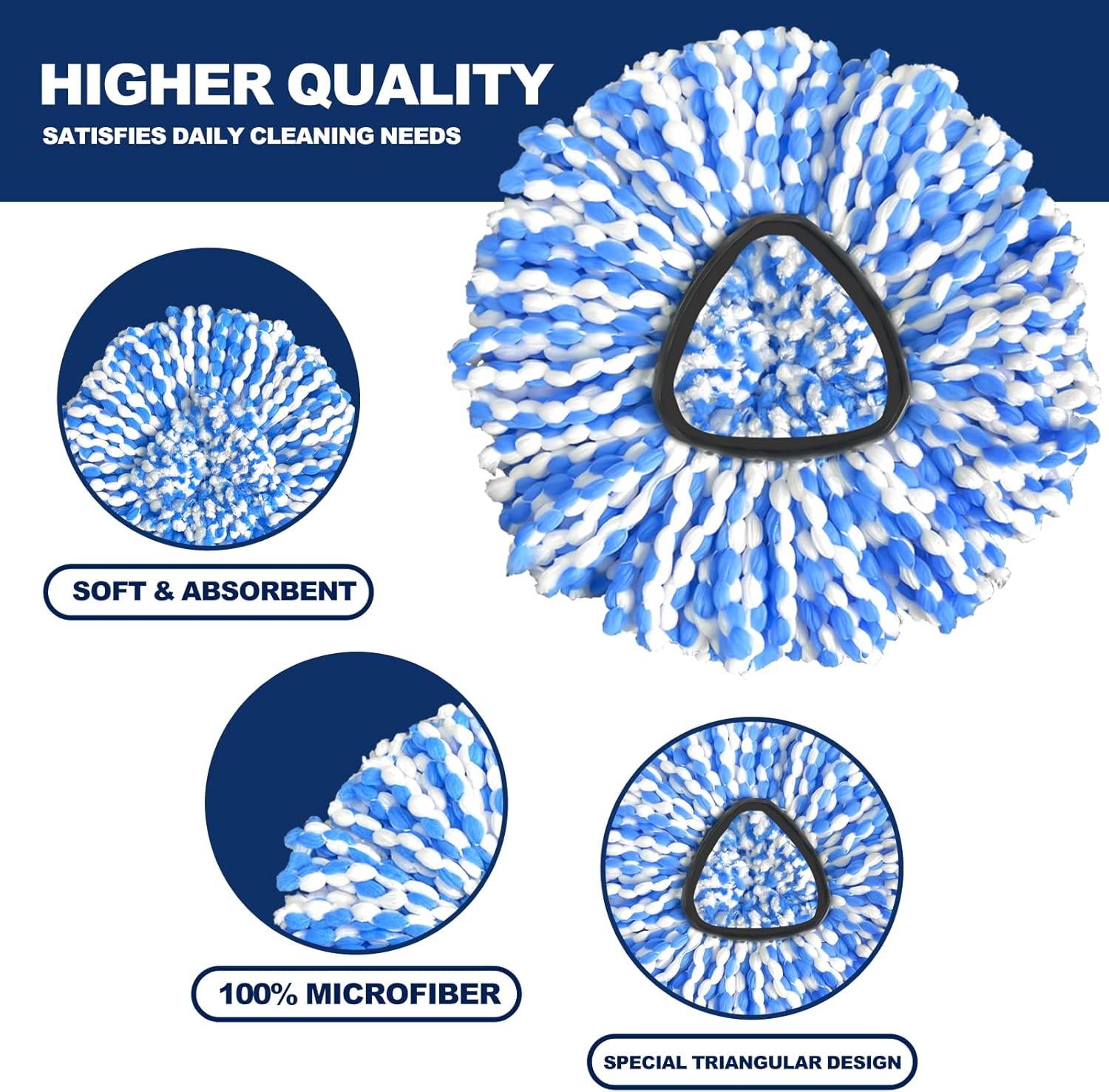 Replacement Mop Heads | 3-Piece Spin Mop Replacement Heads Compatible with RinseClean 2 Canister System | Microfiber Machine Washable