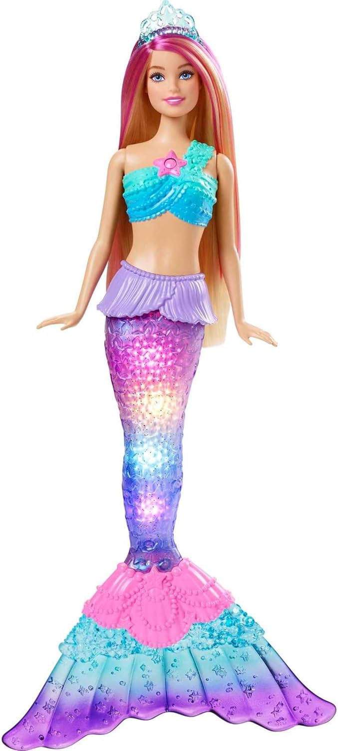 Barbie Dreamtopia doll, mermaid toy with water activated light up tail, pink striped hair and 4 colorful light shows