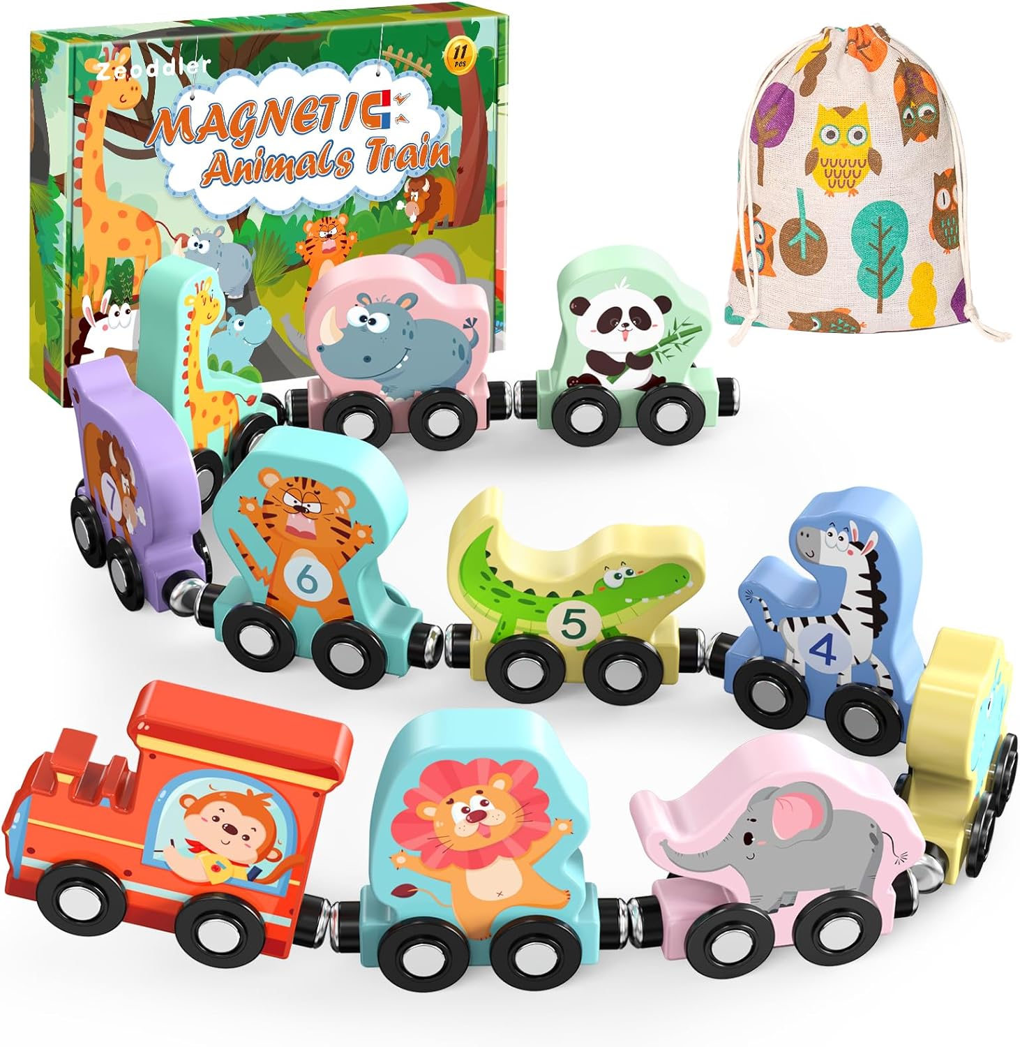 11 Pack Magnetic Wooden Animal Train Set, Learning Toys
