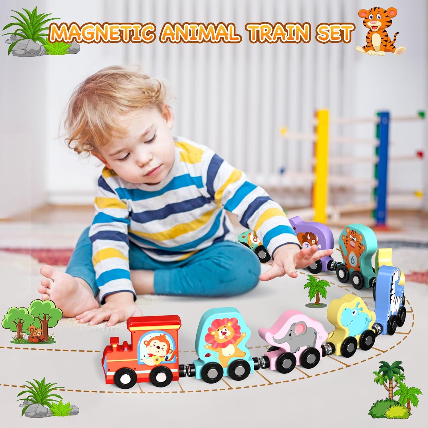 11 Pack Magnetic Wooden Animal Train Set, Learning Toys