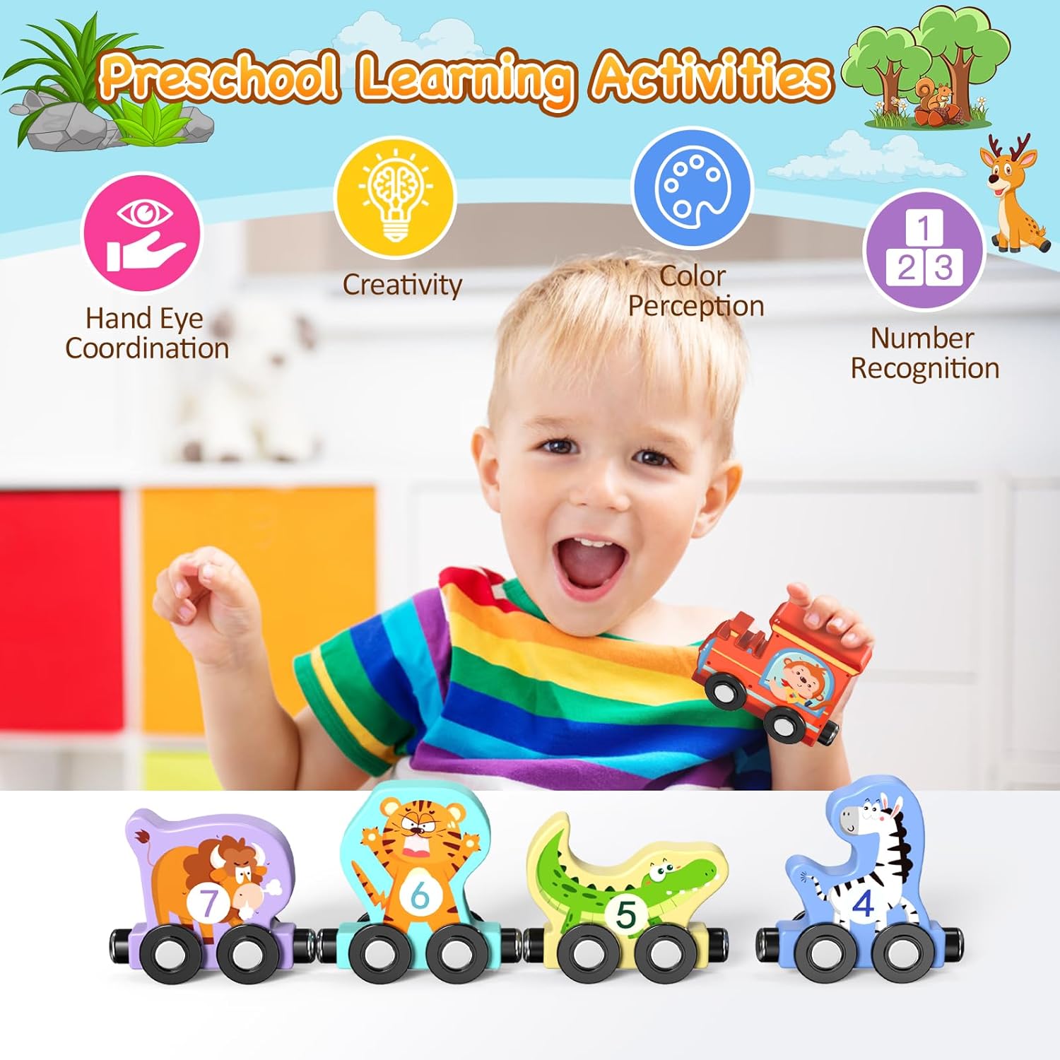 11 Pack Magnetic Wooden Animal Train Set, Learning Toys