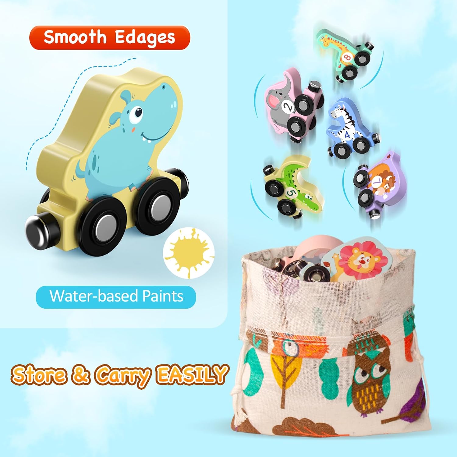 11 Pack Magnetic Wooden Animal Train Set, Learning Toys