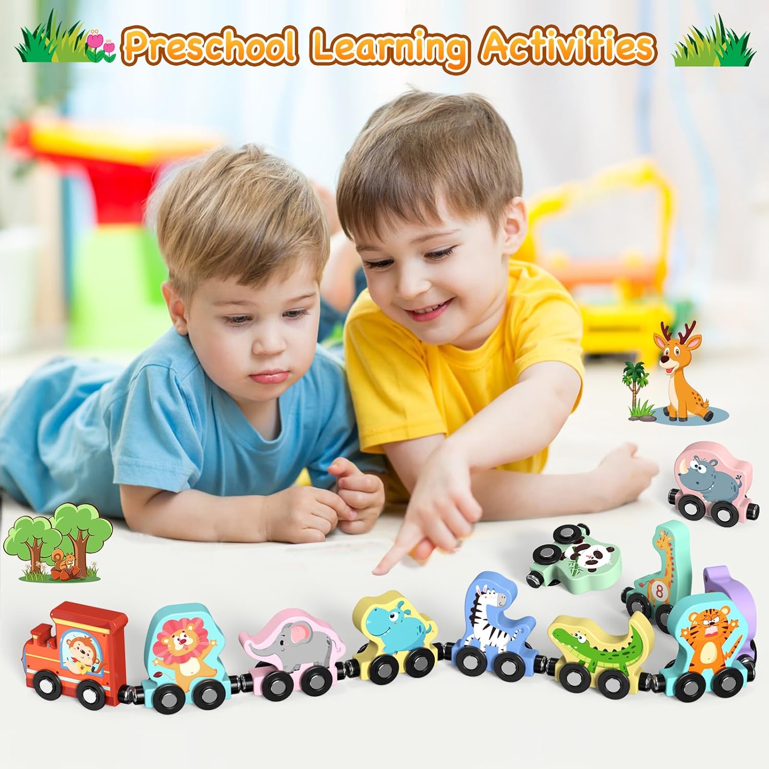 11 Pack Magnetic Wooden Animal Train Set, Learning Toys