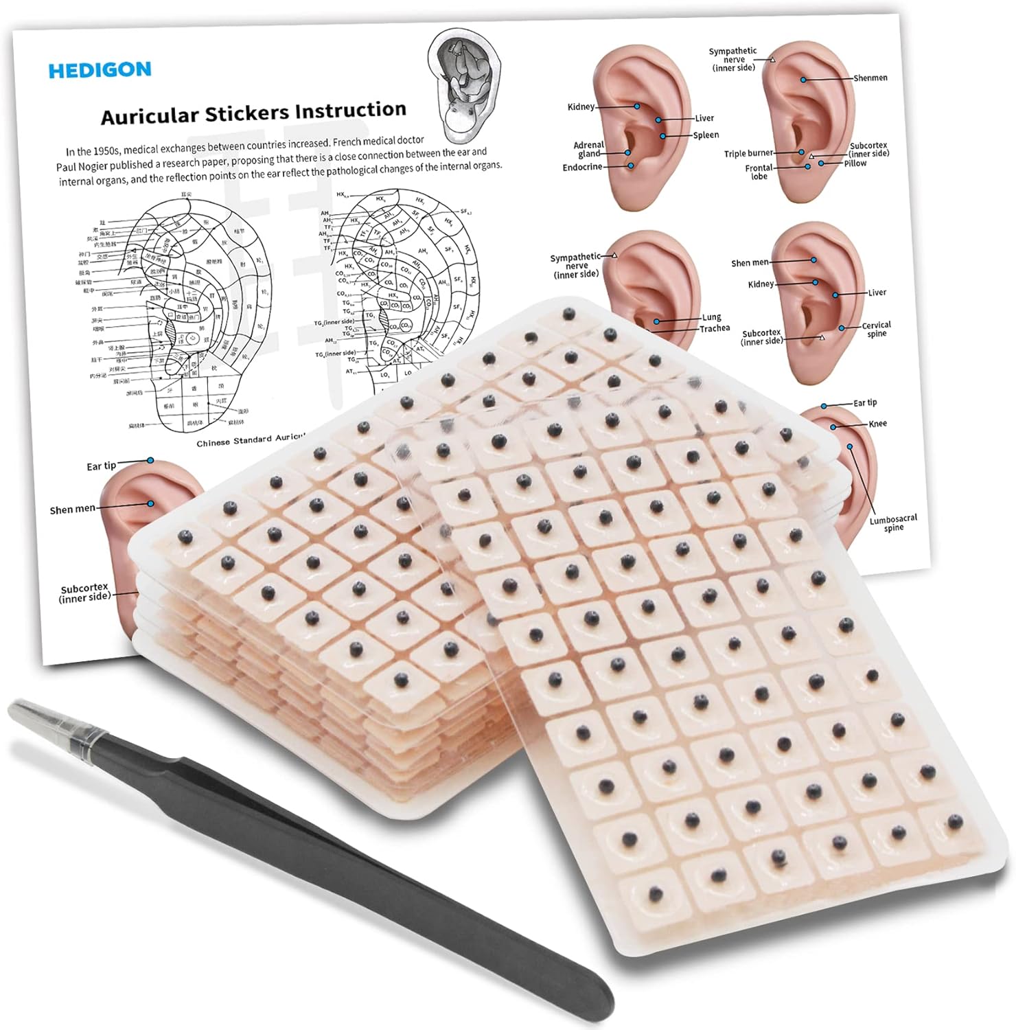 Ear Seeds Auricular Sticker Set | Acupuncture Set with Ear Seeds | 420 Pieces | Ear Chart | Tweezers