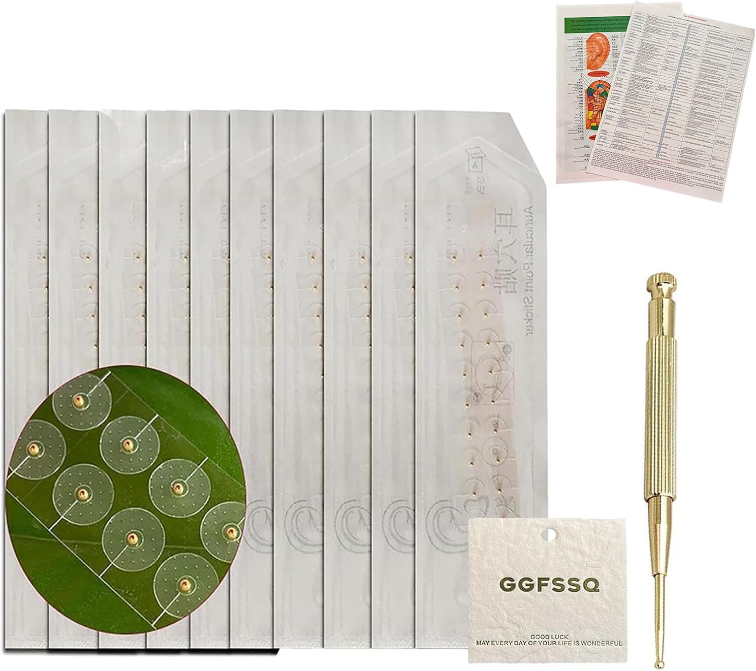 Ear Acupuncture Set - 200 pcs - Acupressure with Ears with Free Chart and Brass Acupressure Probes - Balance & Wellness (Gold - 200 pcs)