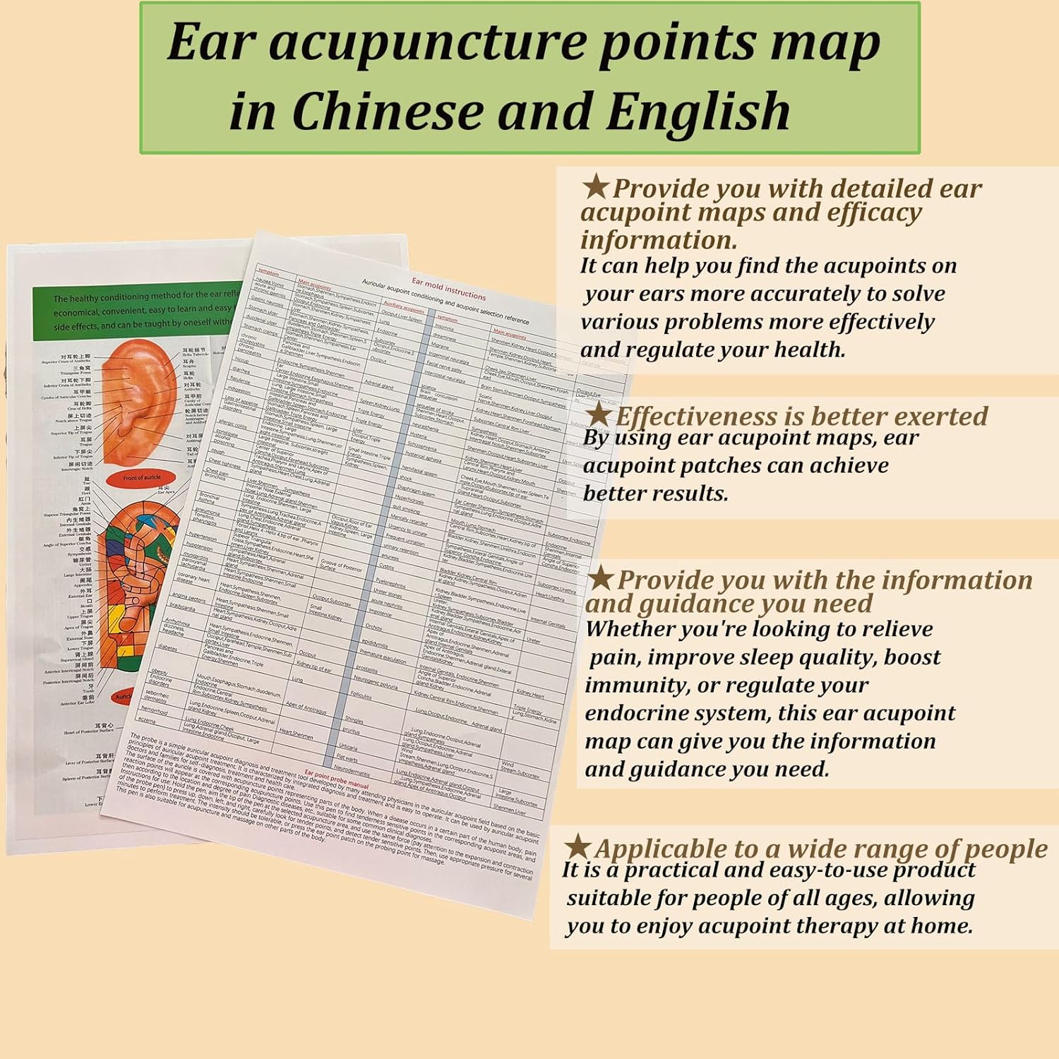 Ear Acupuncture Set - 200 pcs - Acupressure with Ears with Free Chart and Brass Acupressure Probes - Balance & Wellness (Gold - 200 pcs)