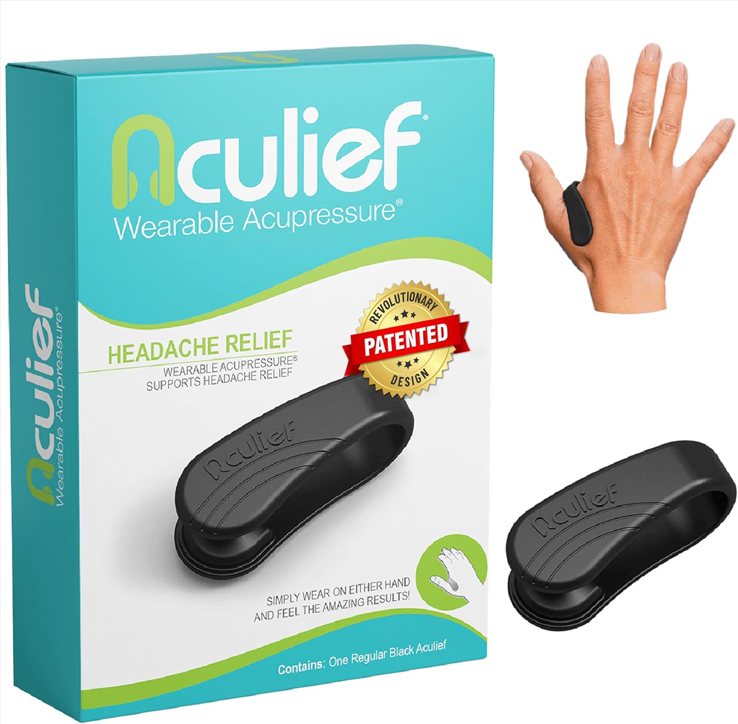 Aculief 1 Piece Wearable Natural Acupressure Support for Relaxation | Headaches | Migraines | Stress Relief and Tension Relief | Simple and Effective Relief of Muscle Pain (Regular/Black)