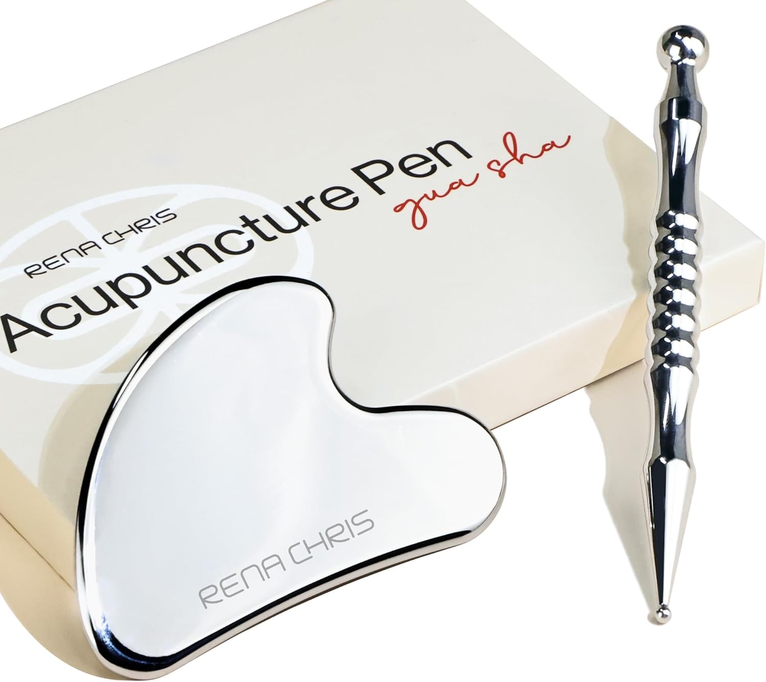 Rena Chris Stainless Steel Gua Sha and Acupuncture Pen | Manual Reflexology Tool for Muscle Tension and Pain Relief | Acupuncture Pen and Gua Sha Set with Reflexology Chart | Easy to Use