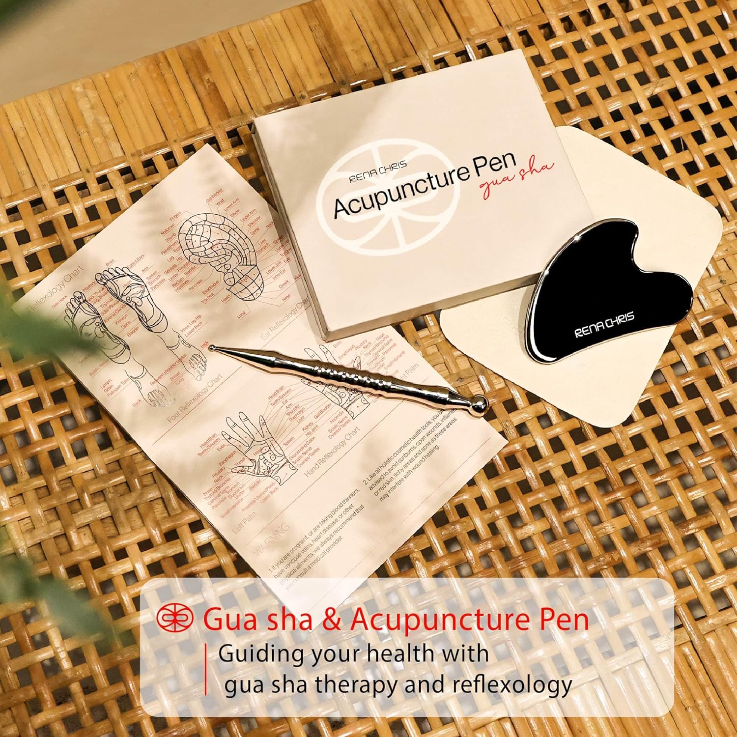 Rena Chris Stainless Steel Gua Sha and Acupuncture Pen | Manual Reflexology Tool for Muscle Tension and Pain Relief | Acupuncture Pen and Gua Sha Set with Reflexology Chart | Easy to Use