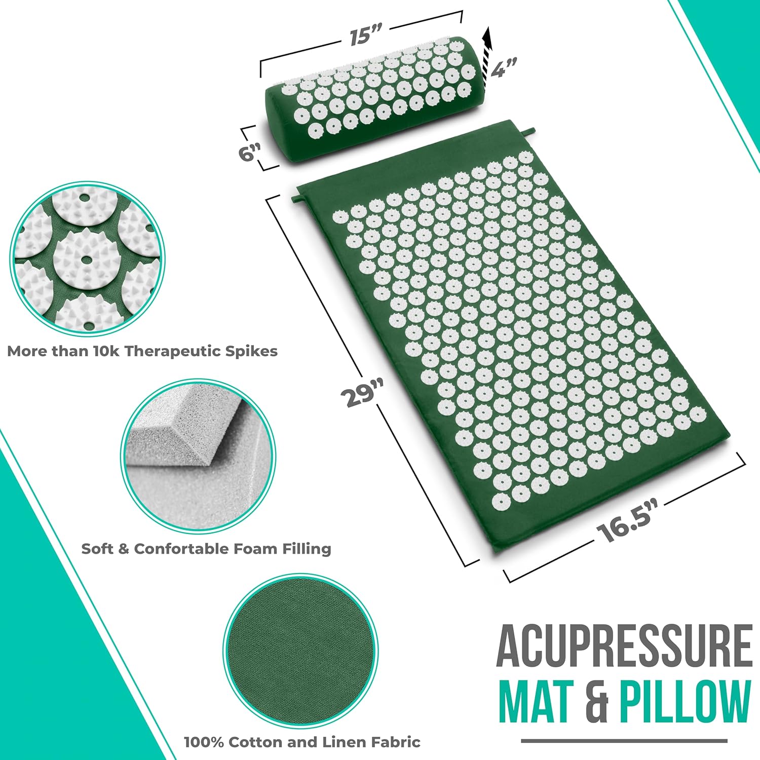 Sivan Back and Neck Pain Relief Acupressure Cushion and Pillow Set | Chronic Back Pain Treatment - Relieve Pressure on Lower Back and Sciatica - Green