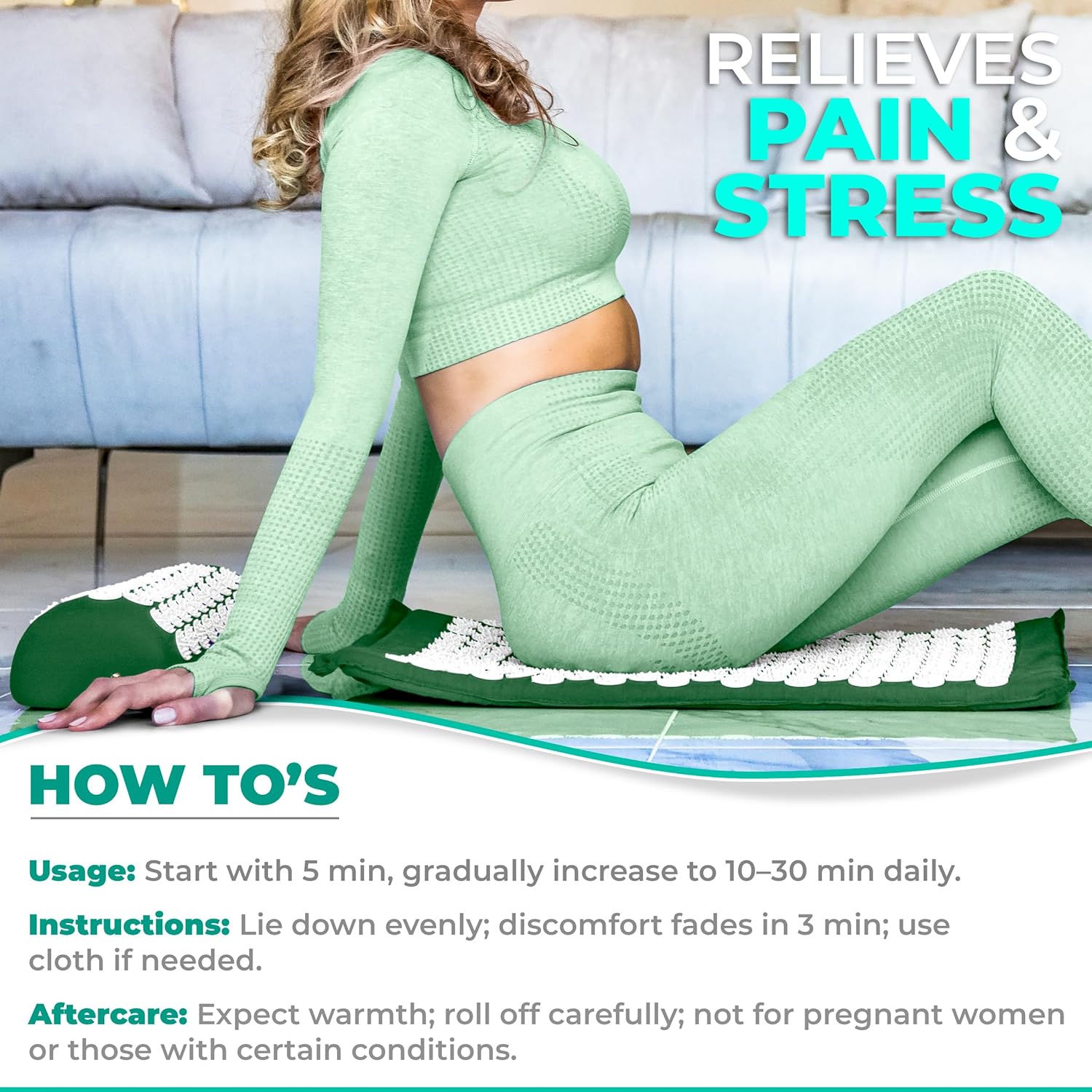 Sivan Back and Neck Pain Relief Acupressure Cushion and Pillow Set | Chronic Back Pain Treatment - Relieve Pressure on Lower Back and Sciatica - Green