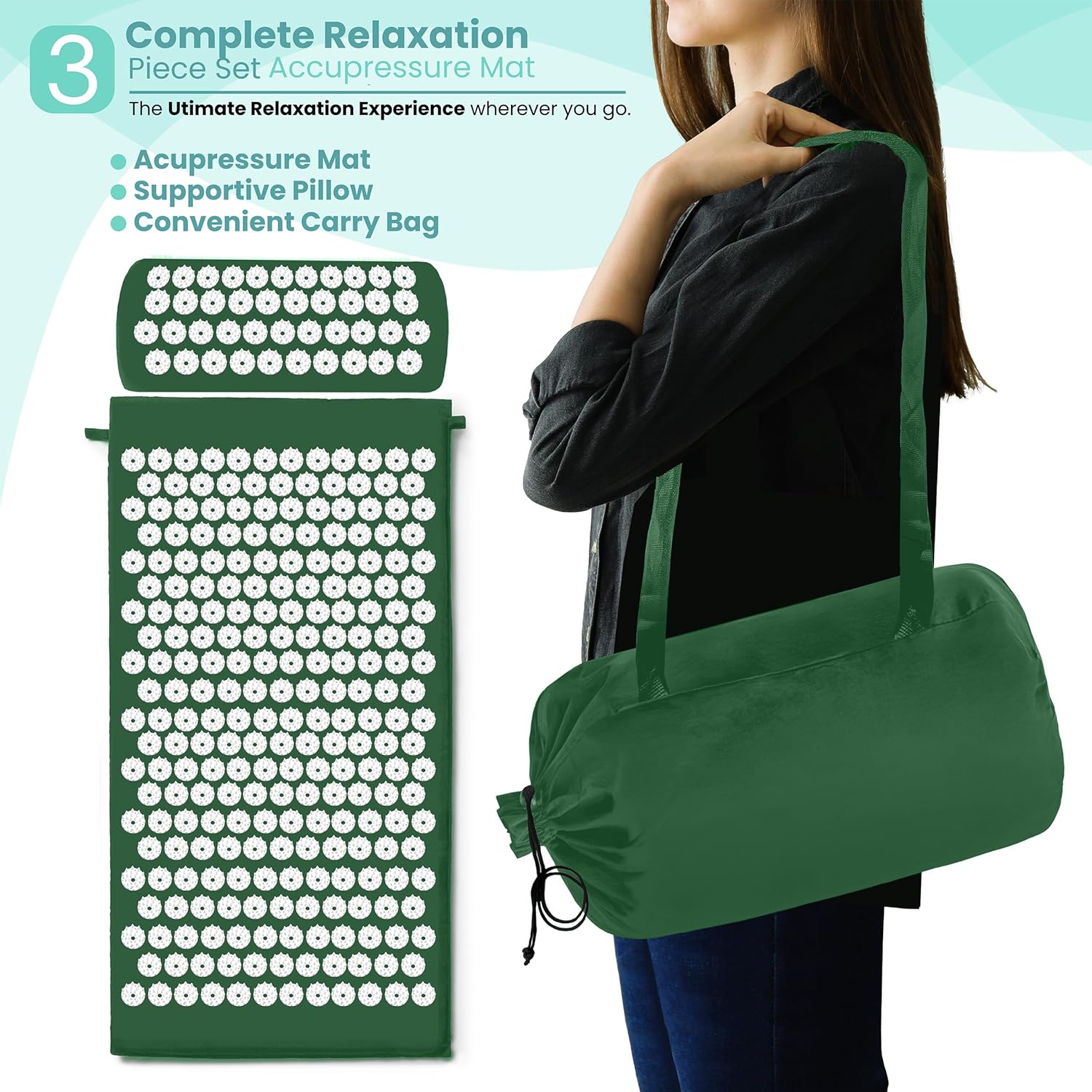 Sivan Back and Neck Pain Relief Acupressure Cushion and Pillow Set | Chronic Back Pain Treatment - Relieve Pressure on Lower Back and Sciatica - Green
