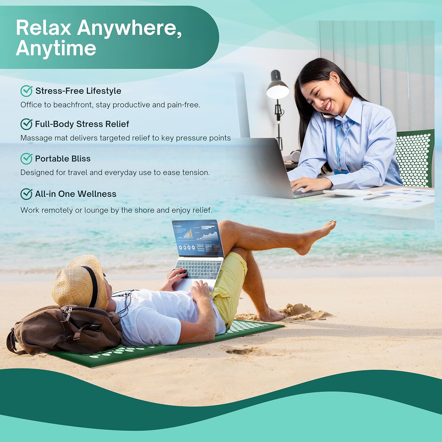 Sivan Back and Neck Pain Relief Acupressure Cushion and Pillow Set | Chronic Back Pain Treatment - Relieve Pressure on Lower Back and Sciatica - Green
