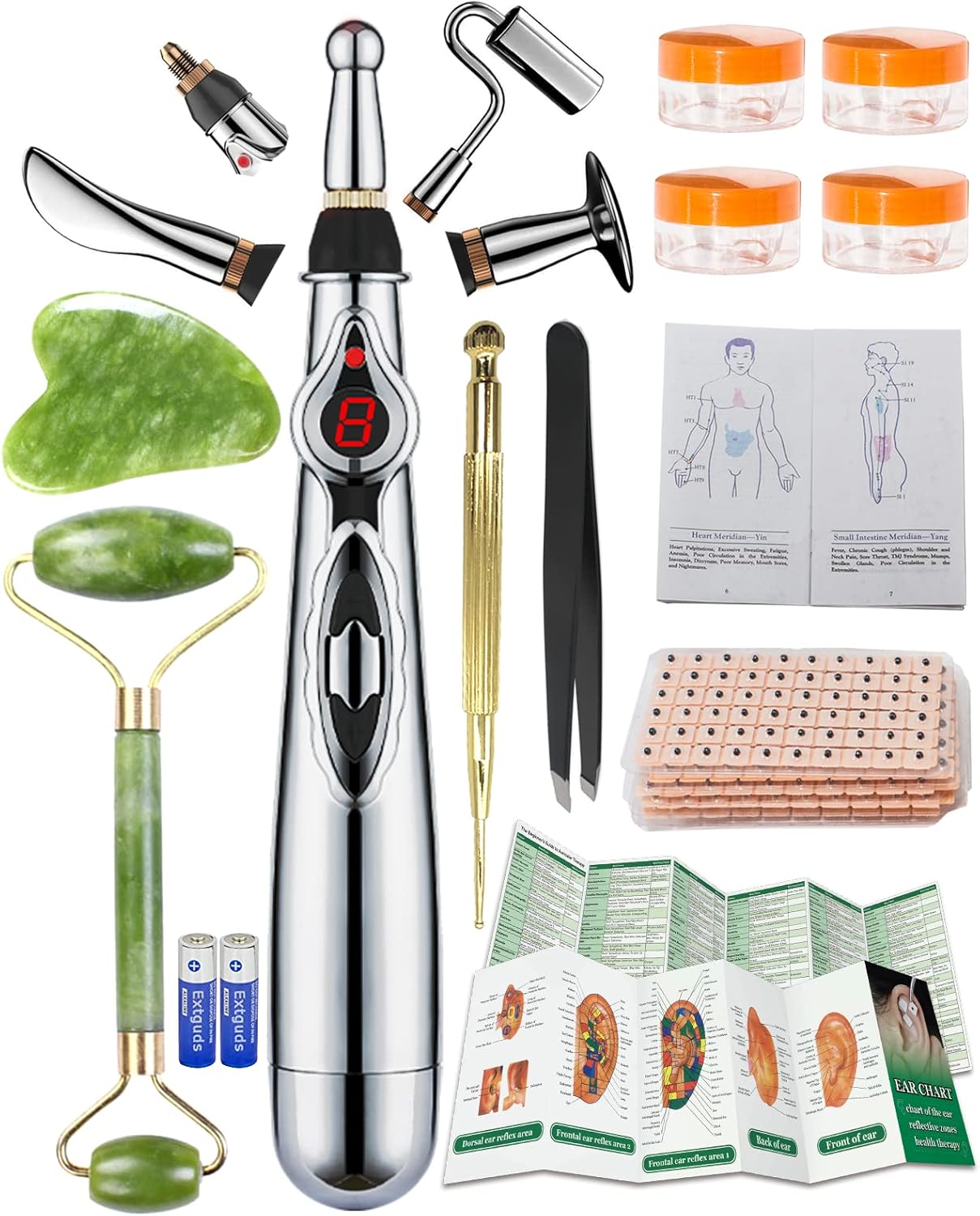 Acupuncture Super Set: 5 Heads Electronic Needle Pen + Gua Sha Tool + 600 Ear Pins + Retractable Needle Pen + 4 Extra Massage Gels + Tweezers + Hand + Battery + 2 Acupuncture Point Charts