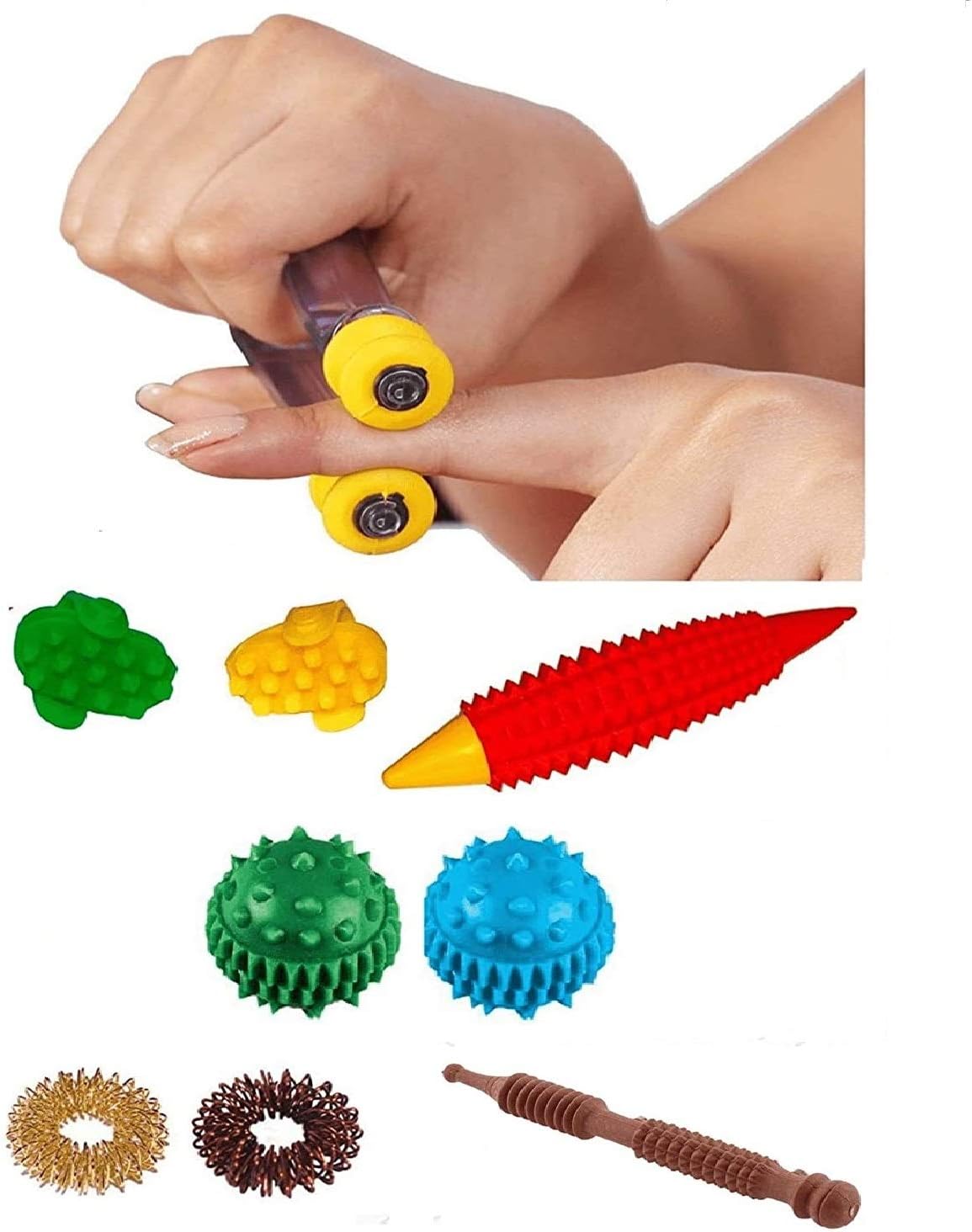 Acupressure Finger Palm Massager Combo Kit ~ Sujok Ring | Sujok Power Ball | K-Roll | Sujok Thumbs | Wooden Jimmy with Reflexology Chart (Hand/Feet) Relieve Stress
