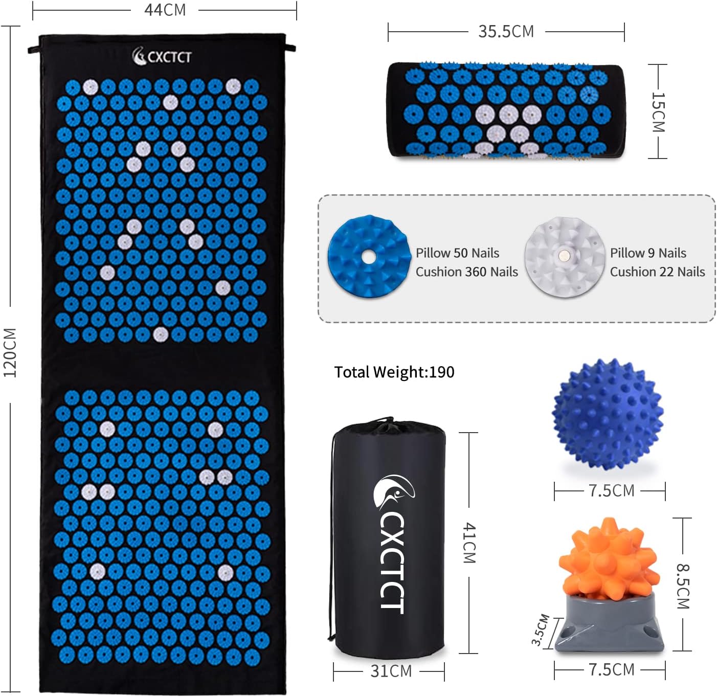 Extra Long Yoga Acupressure Cushion Set | Massage Needlepoint Cushion Large | Magnetic Cushion Acupressure Body Cushion and Pillow for Neck and Back Pain Relief (Blue)
