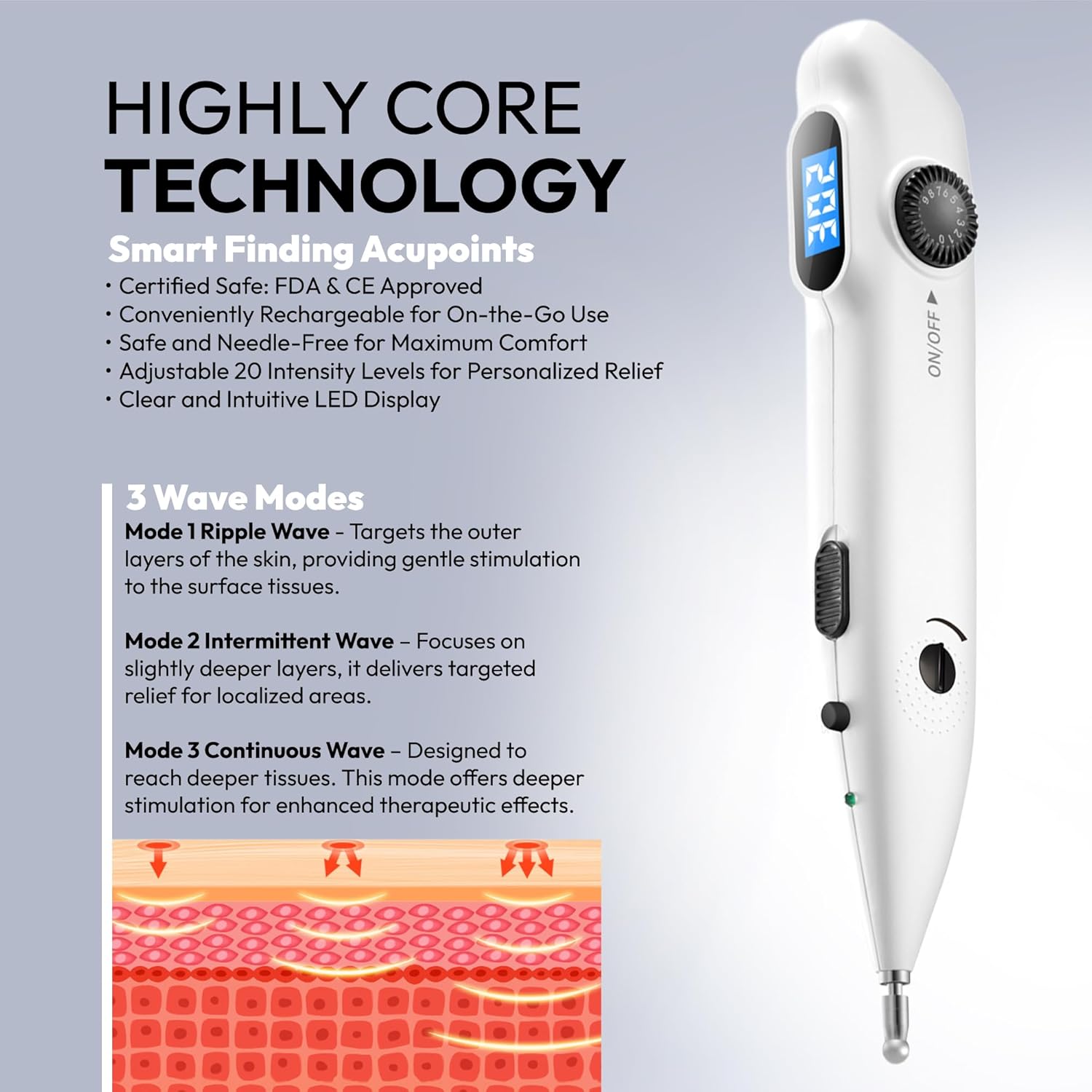 Electronic Acupuncture Meridian Pen - Electric Energy Acupoints Finder Stimulator Device for Pain Relief with Adjustable Intensity - Rechargeable Digital Muscle Acupressure Point Massage Therapy Tool