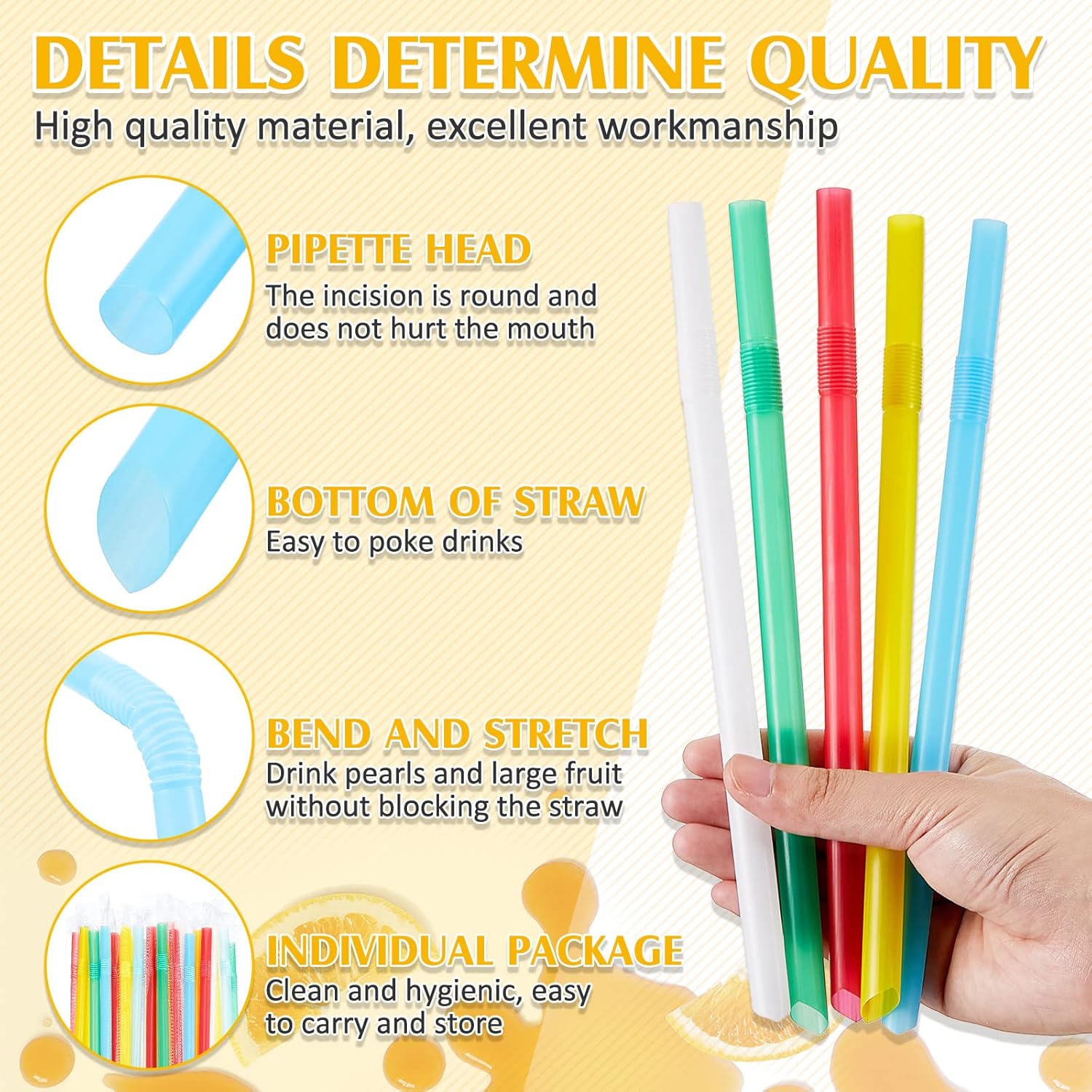 Jumbo Smoothie Straws Flexible Bendable Individually Wrapped Plastic Straws For Brewing Tea Tall Homemade Milkshakes | 0.5 Inch Width 9.2 Inch Length