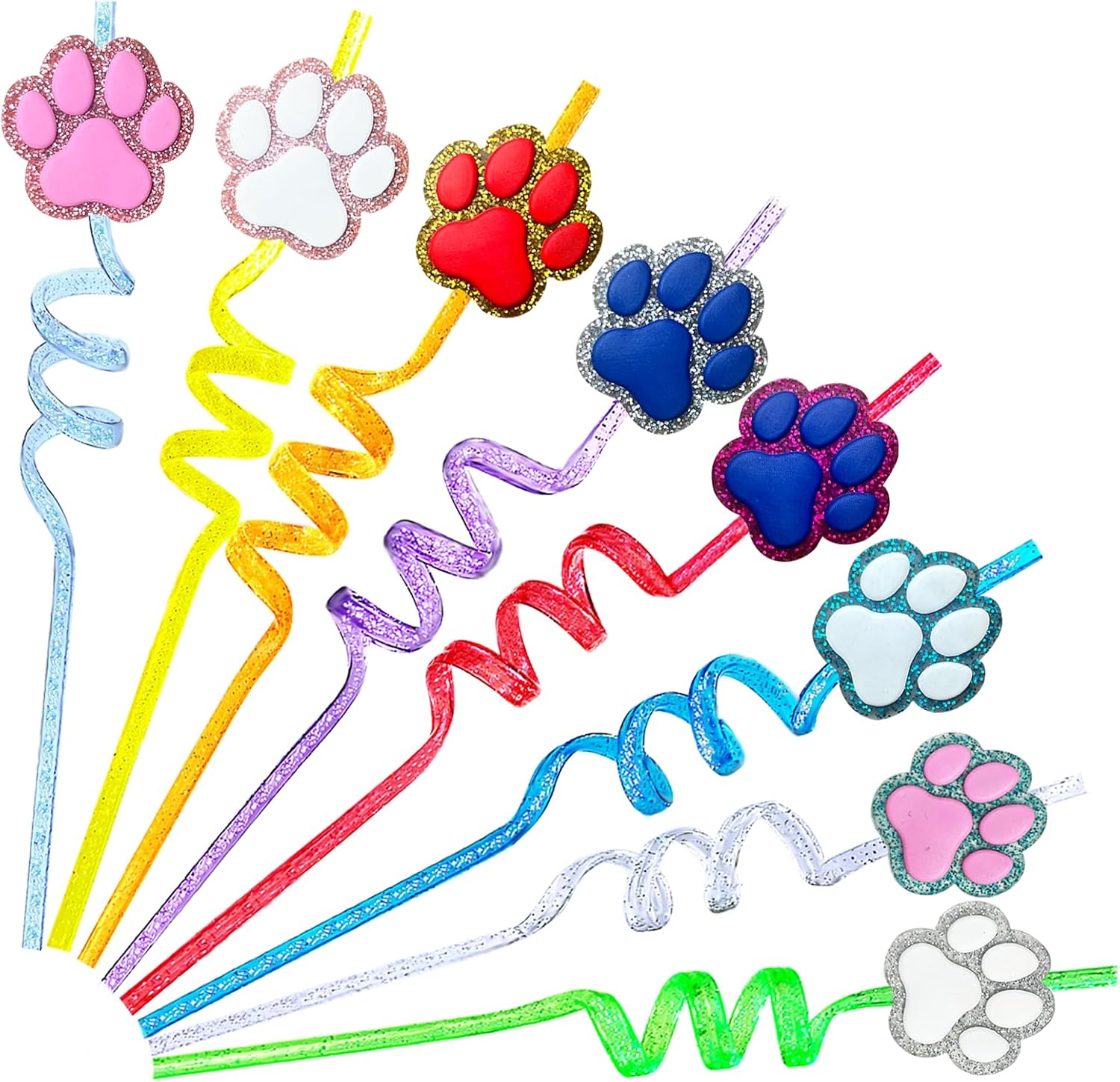 24 Glitter Paw Glitter Straws Birthday Party Decorations Drinking Straws+2pc Straws Cleaning Brush for Pet Dog Puppy Pals Cat Birthday Party Decorations Supply Favors Reusable Straws