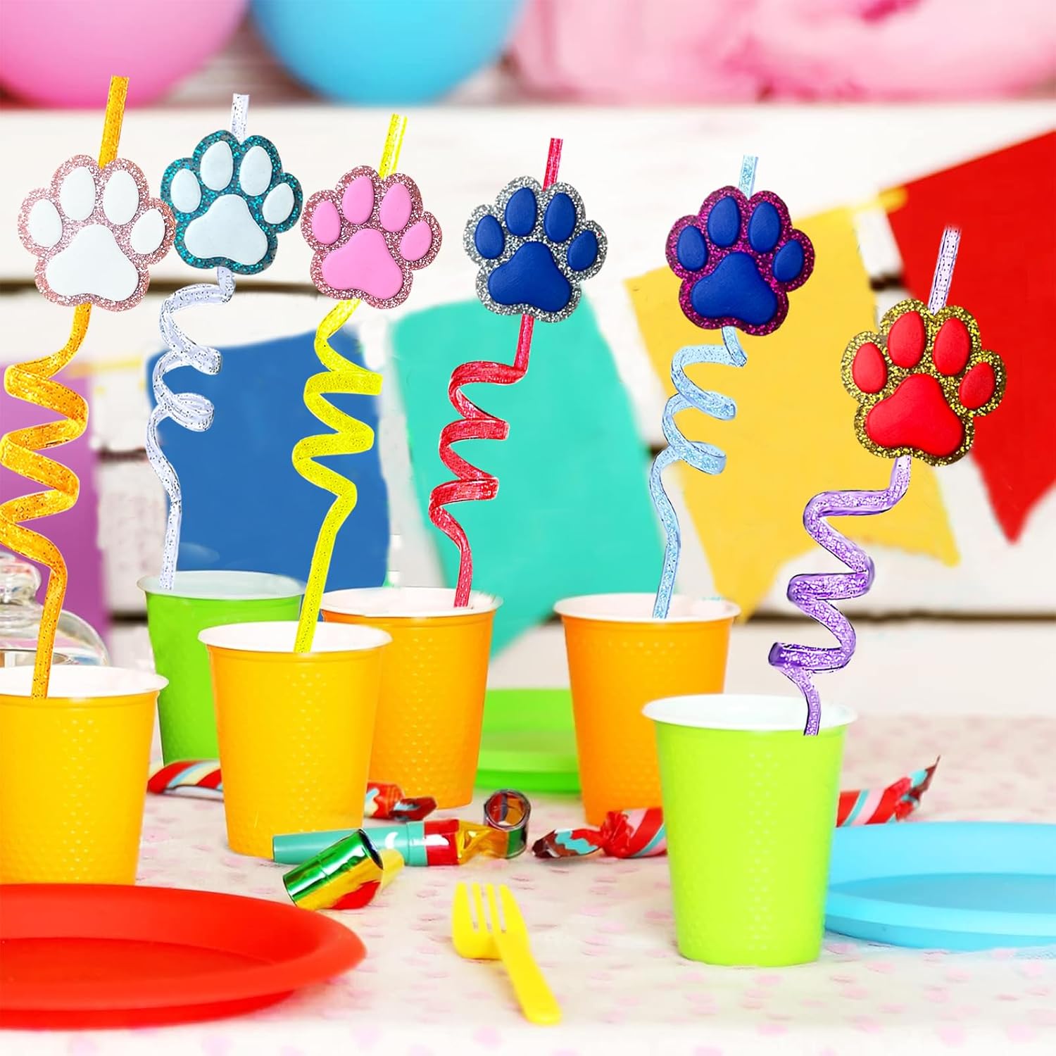 24 Glitter Paw Glitter Straws Birthday Party Decorations Drinking Straws+2pc Straws Cleaning Brush for Pet Dog Puppy Pals Cat Birthday Party Decorations Supply Favors Reusable Straws