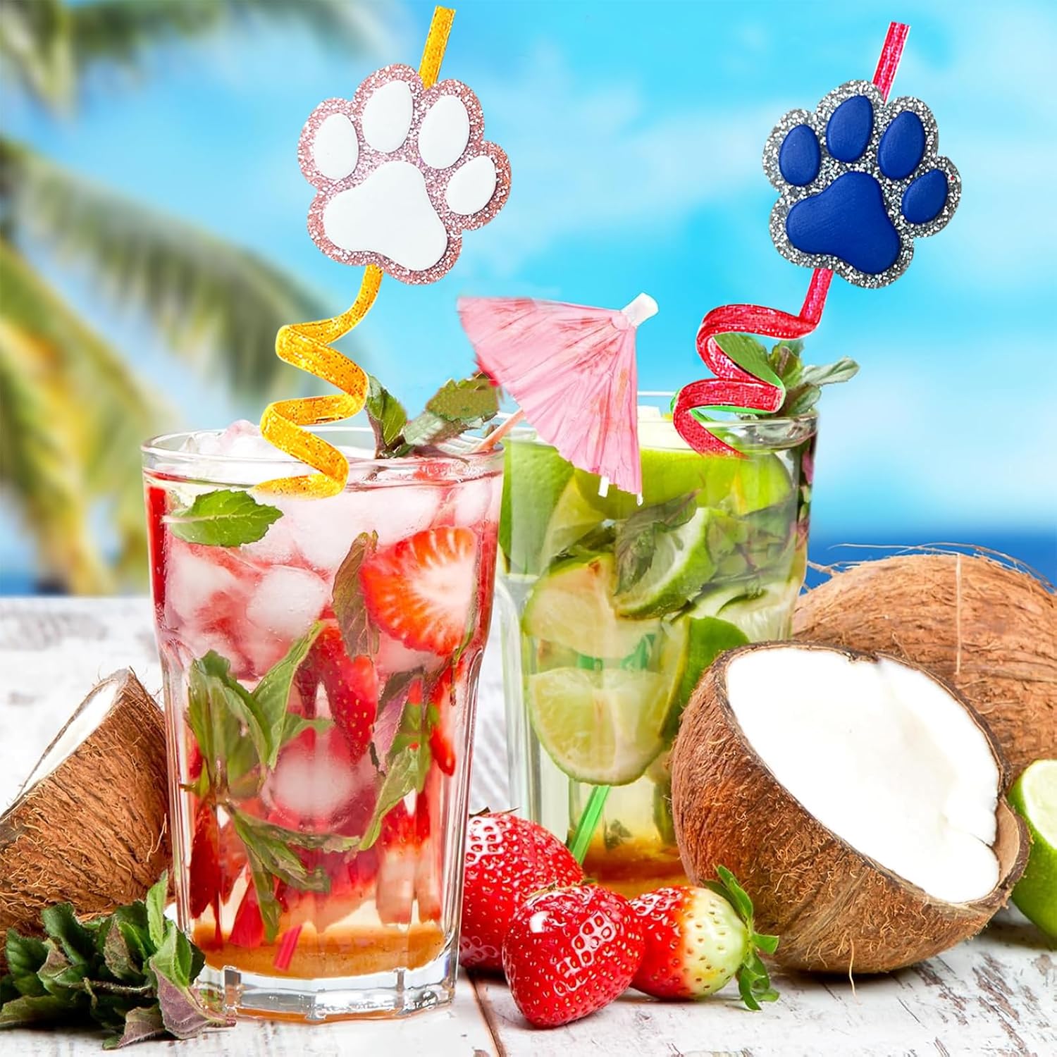 24 Glitter Paw Glitter Straws Birthday Party Decorations Drinking Straws+2pc Straws Cleaning Brush for Pet Dog Puppy Pals Cat Birthday Party Decorations Supply Favors Reusable Straws