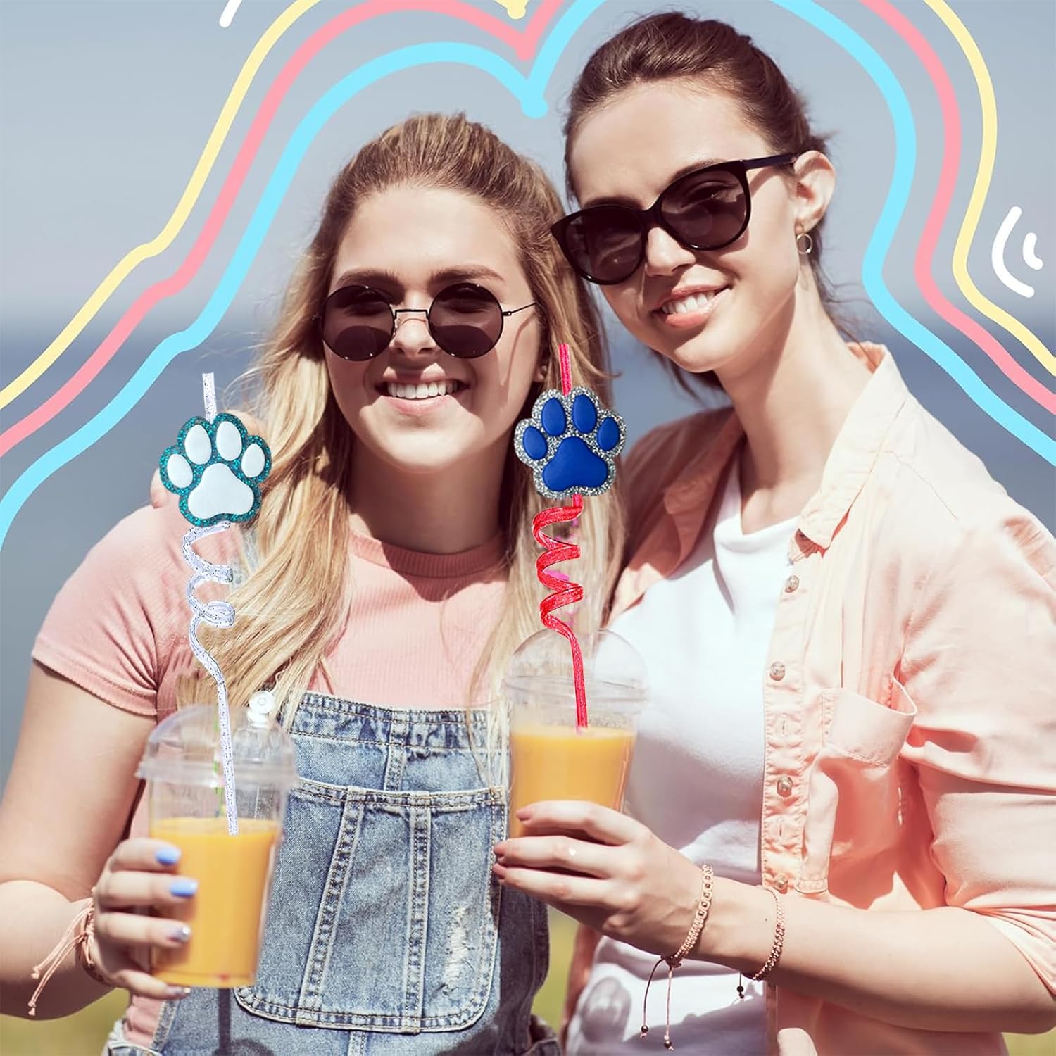 24 Glitter Paw Glitter Straws Birthday Party Decorations Drinking Straws+2pc Straws Cleaning Brush for Pet Dog Puppy Pals Cat Birthday Party Decorations Supply Favors Reusable Straws