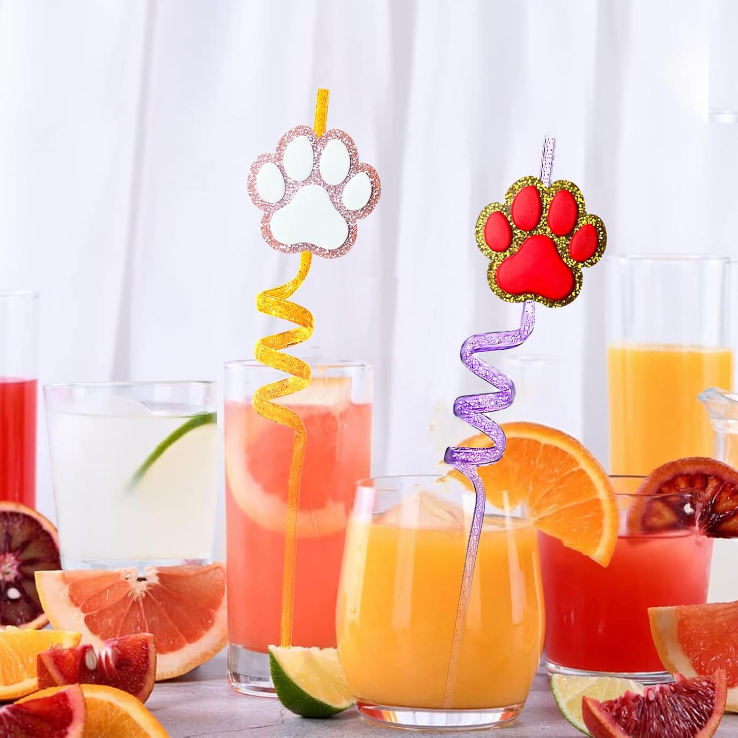 24 Glitter Paw Glitter Straws Birthday Party Decorations Drinking Straws+2pc Straws Cleaning Brush for Pet Dog Puppy Pals Cat Birthday Party Decorations Supply Favors Reusable Straws