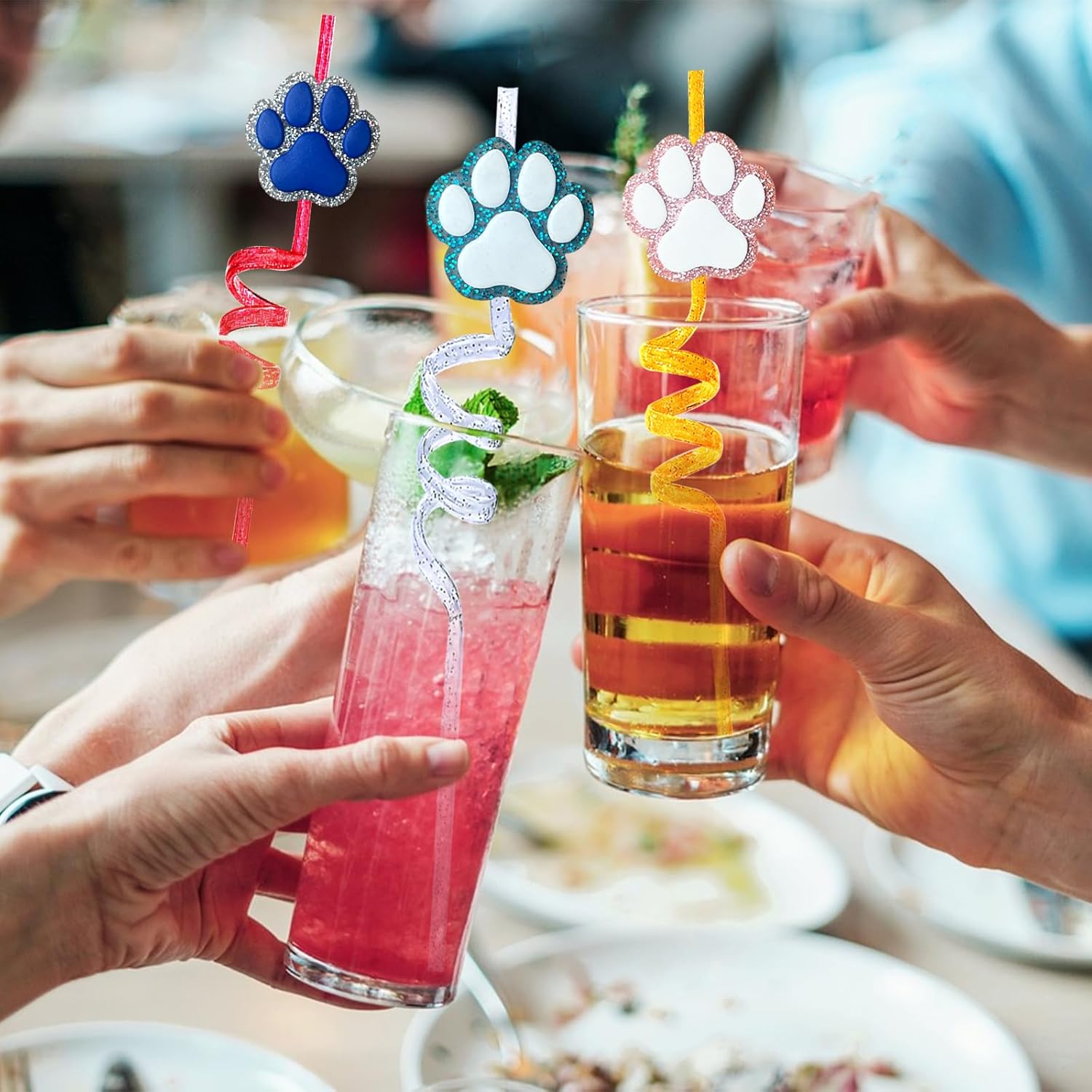 24 Glitter Paw Glitter Straws Birthday Party Decorations Drinking Straws+2pc Straws Cleaning Brush for Pet Dog Puppy Pals Cat Birthday Party Decorations Supply Favors Reusable Straws