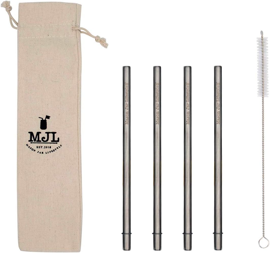 Medium Safety Round Stainless Steel Metal Straws for Pint Mason Jars | Medium Mugs or Pint Glasses (4-Pack + Cleaning Brush + Bag)