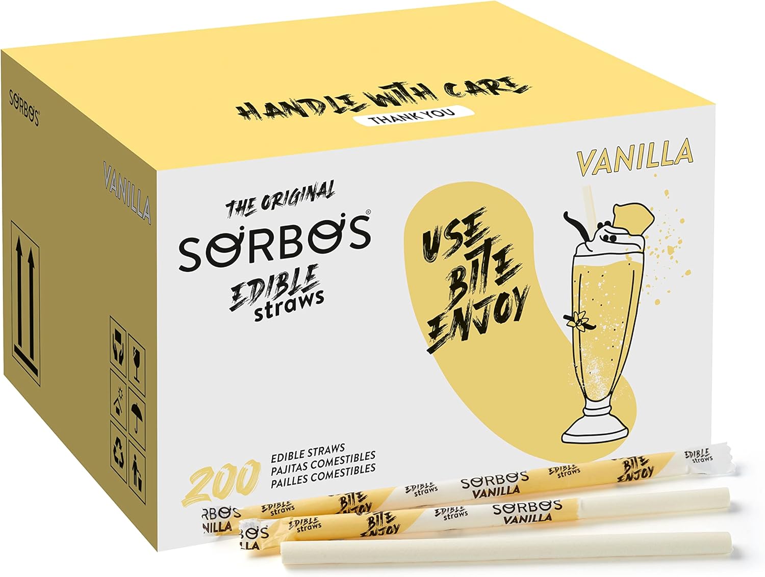 Edible Straws | Vanilla Flavored | Sustainable | Individually Wrapped | Plastic-Free | Allergen-Free | Gluten-Free | PFAS-Free | Eco-Friendly | 7.4 Inches (Approx. 18.8 cm) Long (Pack of 200)