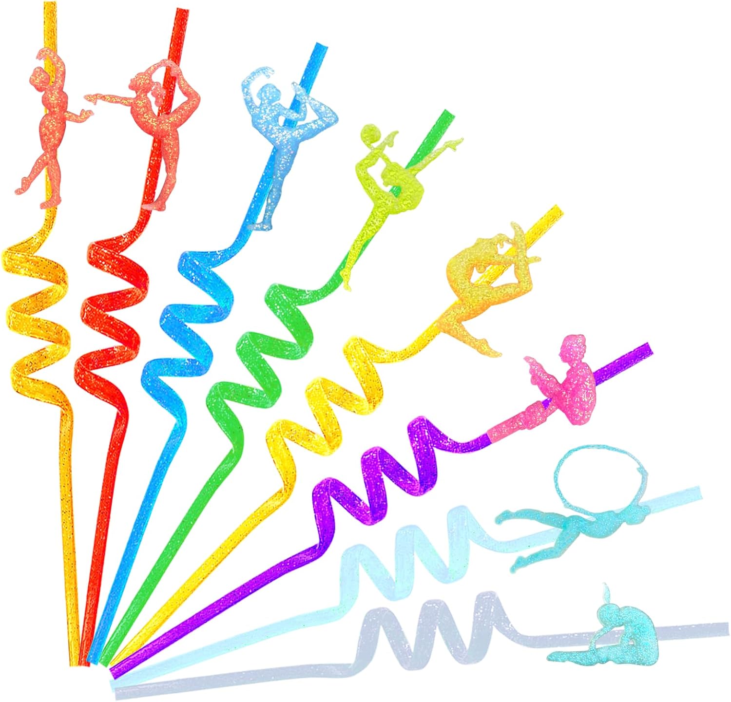 24 Reusable Gymnastics Party Glitter Gymnast Straws,Cartoon Dance Aerobics Decoration Glitter Straws For Gymnastics Disco Party Favors Gymnastics Party Straws With 2 Brushes 8Color Glitter Straws