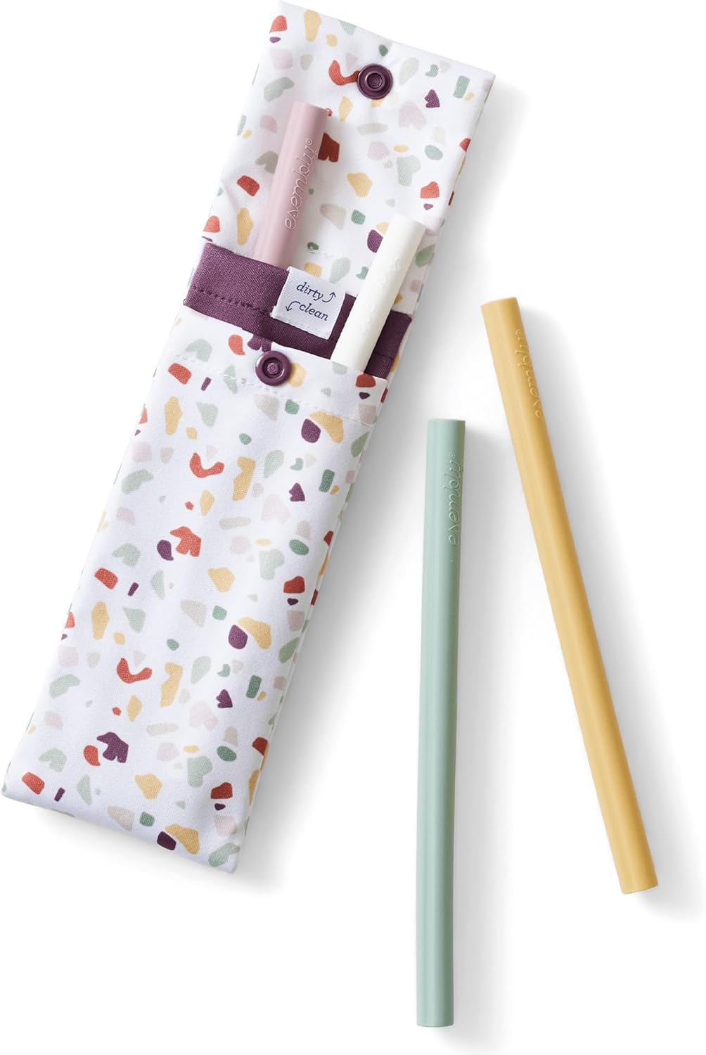 Esembly Straw Set - Reusable silicone straws with double compartment travel pouch | eco-friendly | easy to clean | BPA free - Terrazzo