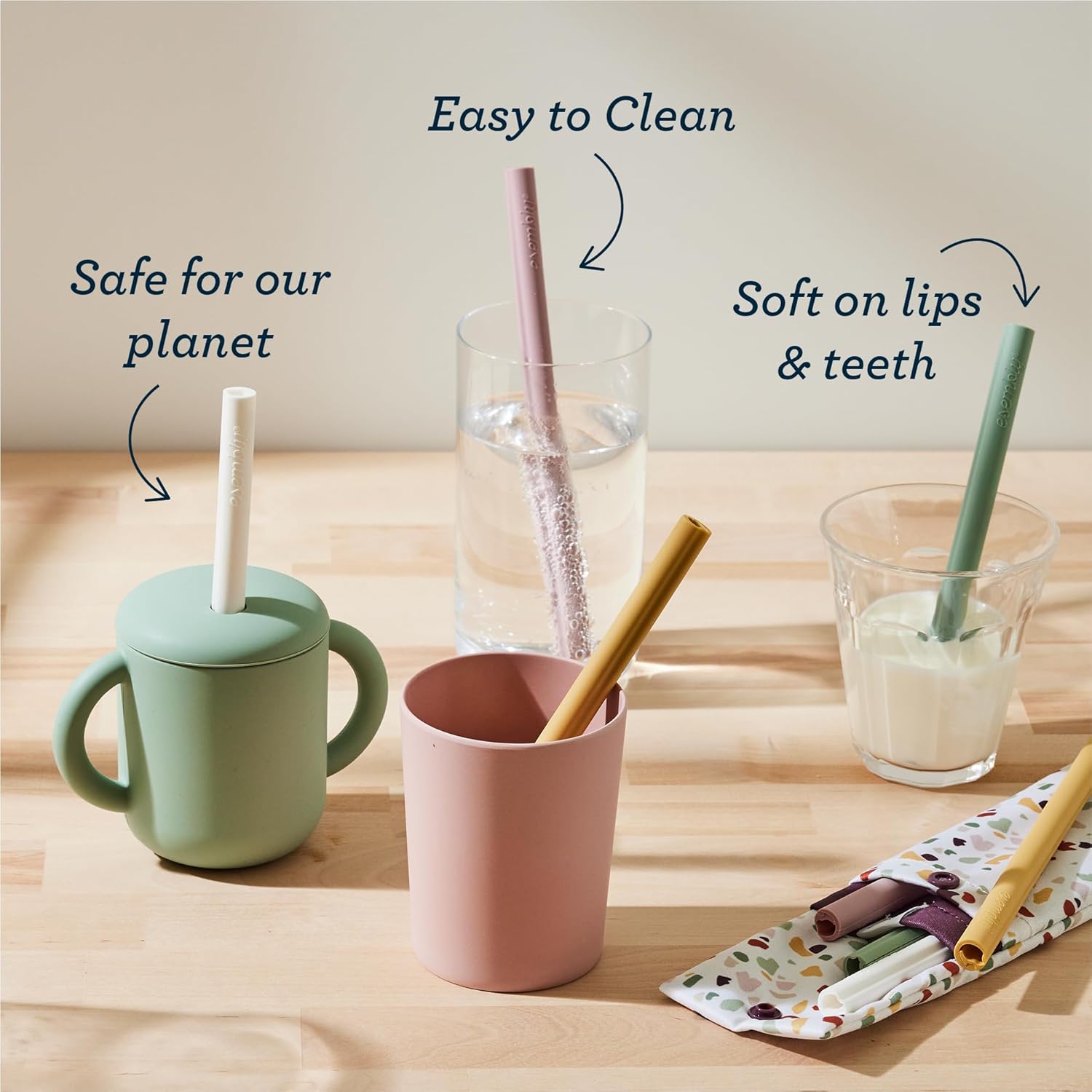 Esembly Straw Set - Reusable silicone straws with double compartment travel pouch | eco-friendly | easy to clean | BPA free - Terrazzo